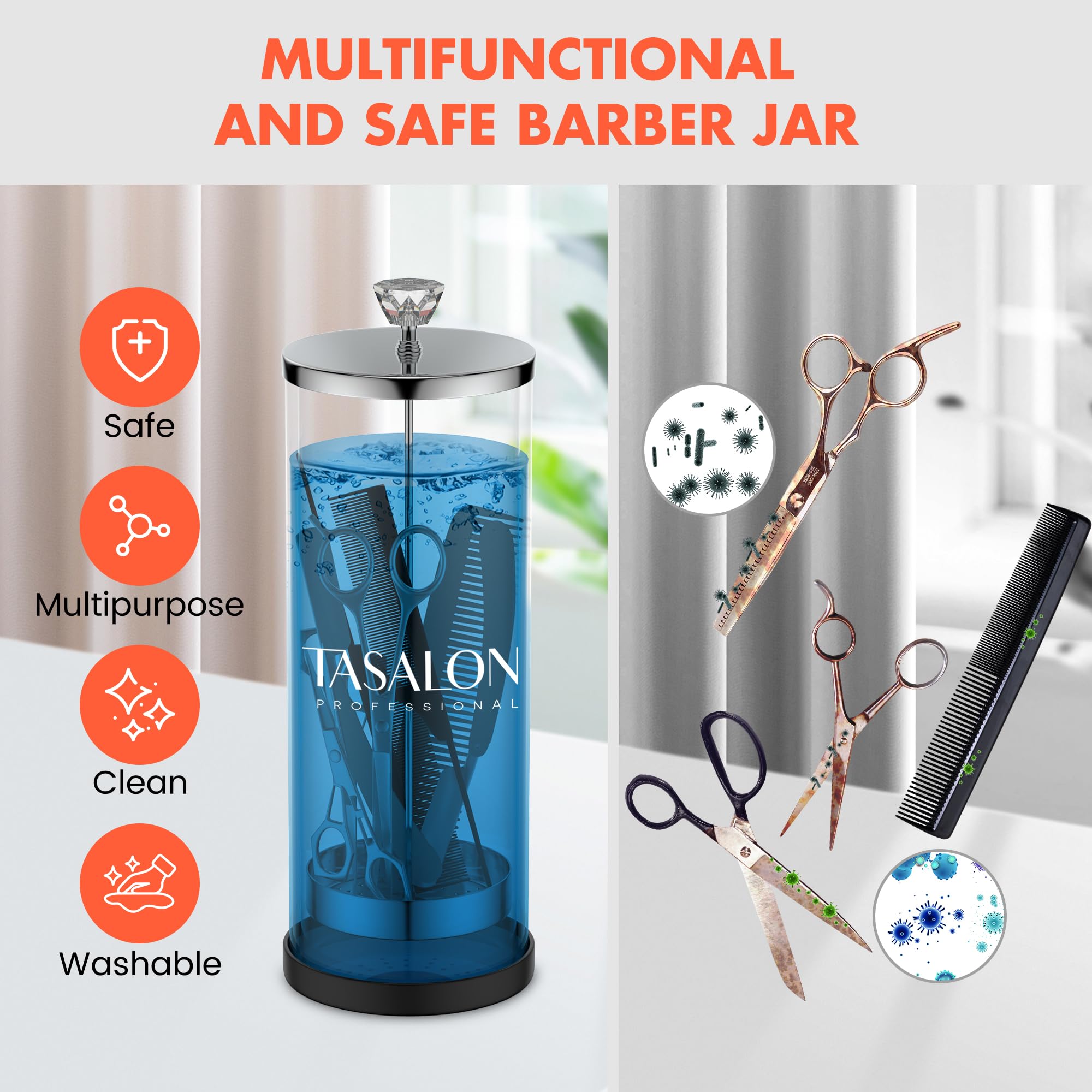 TASALON Bocal de barbier (1,3 l) avec poignée en cristal – Pot désinfectant pour salon, spa et magasin de manucure – Récipient de stérilisation en verre durable avec panier amovible en acier