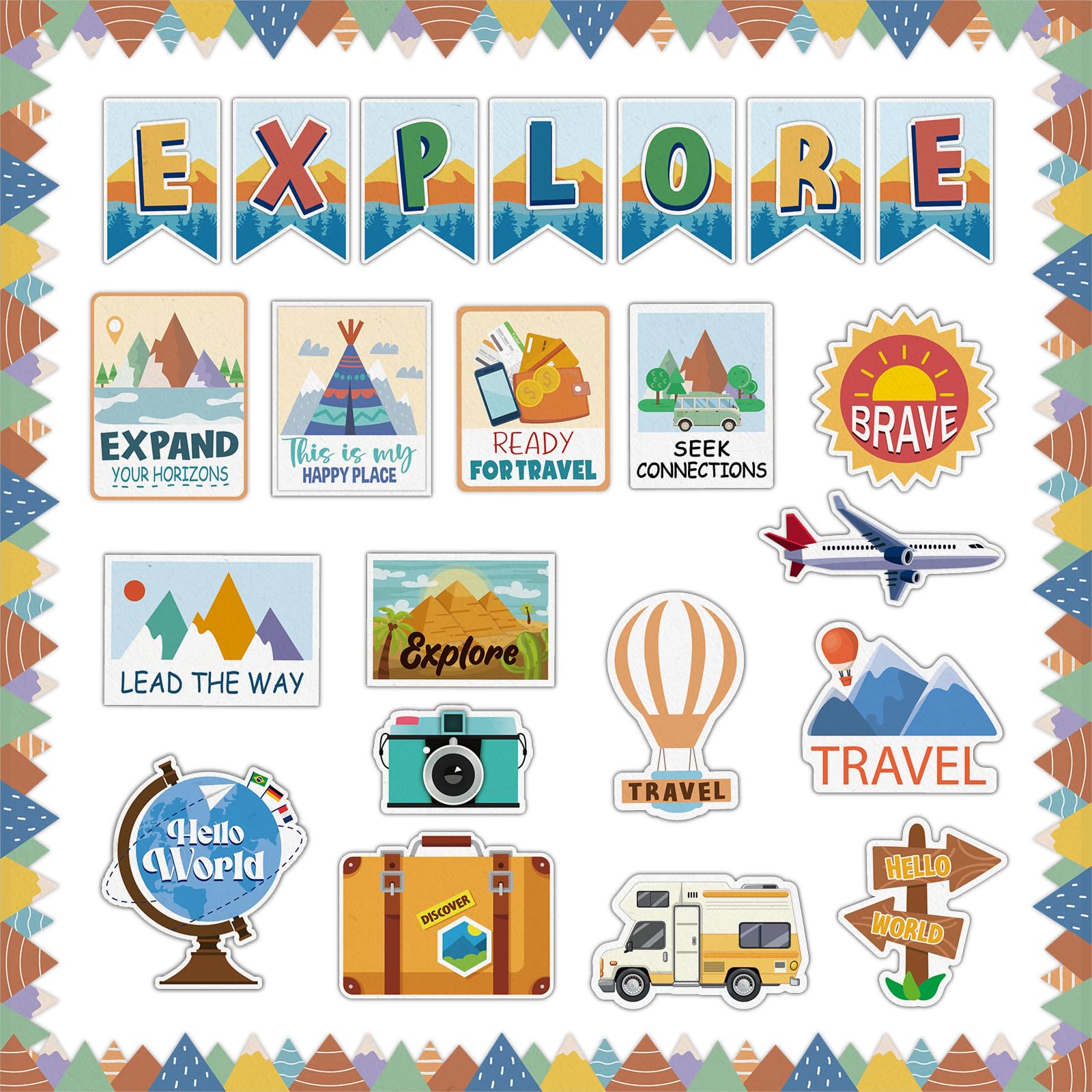 Adventure Motivational Bulletin Board Set for Classroom Decoration Let's Explore Themed Cutouts Travel Map Bulletin Board Mountain Poster Set for Teacher Students Back to School Wall Decor