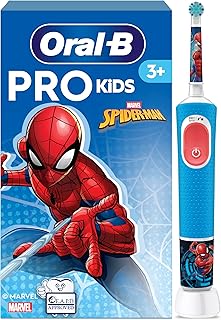 Oral-B Pro Kids Spiderman Elektrische Zahnbürste/Electric Toothbrush für Kinder ab 3 Jahren, inklusive Sensitiv+ Modus für Zahnpflege, extra weiche Borsten, 1 Aufsteckbürste, 4 Sticker, blau/rot