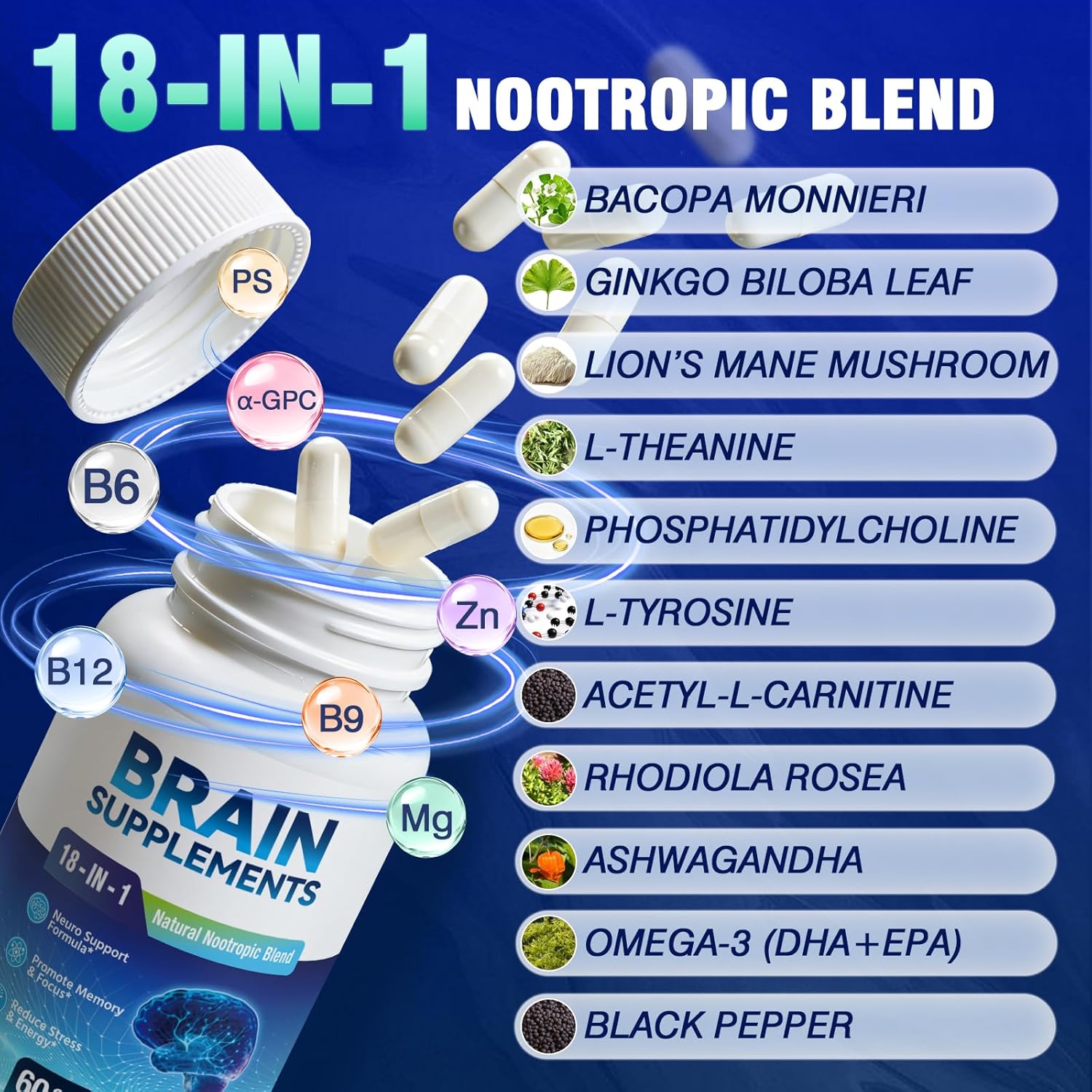 18-in-1 Brain Supplement for Memory and Focus – Nootropic Capsules with Alpha GPC, Bacopa, Ginkgo Biloba, Lion's Mane, Vitamin B6 & B12 | Cognitive Health, Mental Clarity | Vegan, Non-GMO - Image 2
