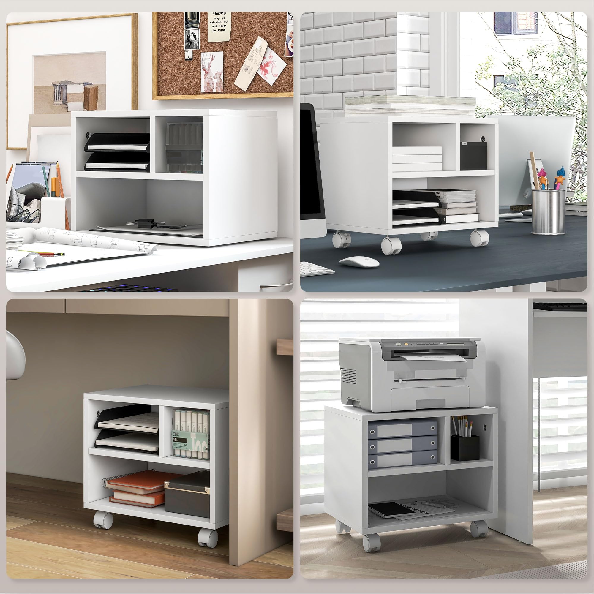 HOMCOM Mueble de Impresora con Ruedas Soporte de Impresora con Compartimentos Abiertos para Oficina Estudio 40x30x36 cm Blanco