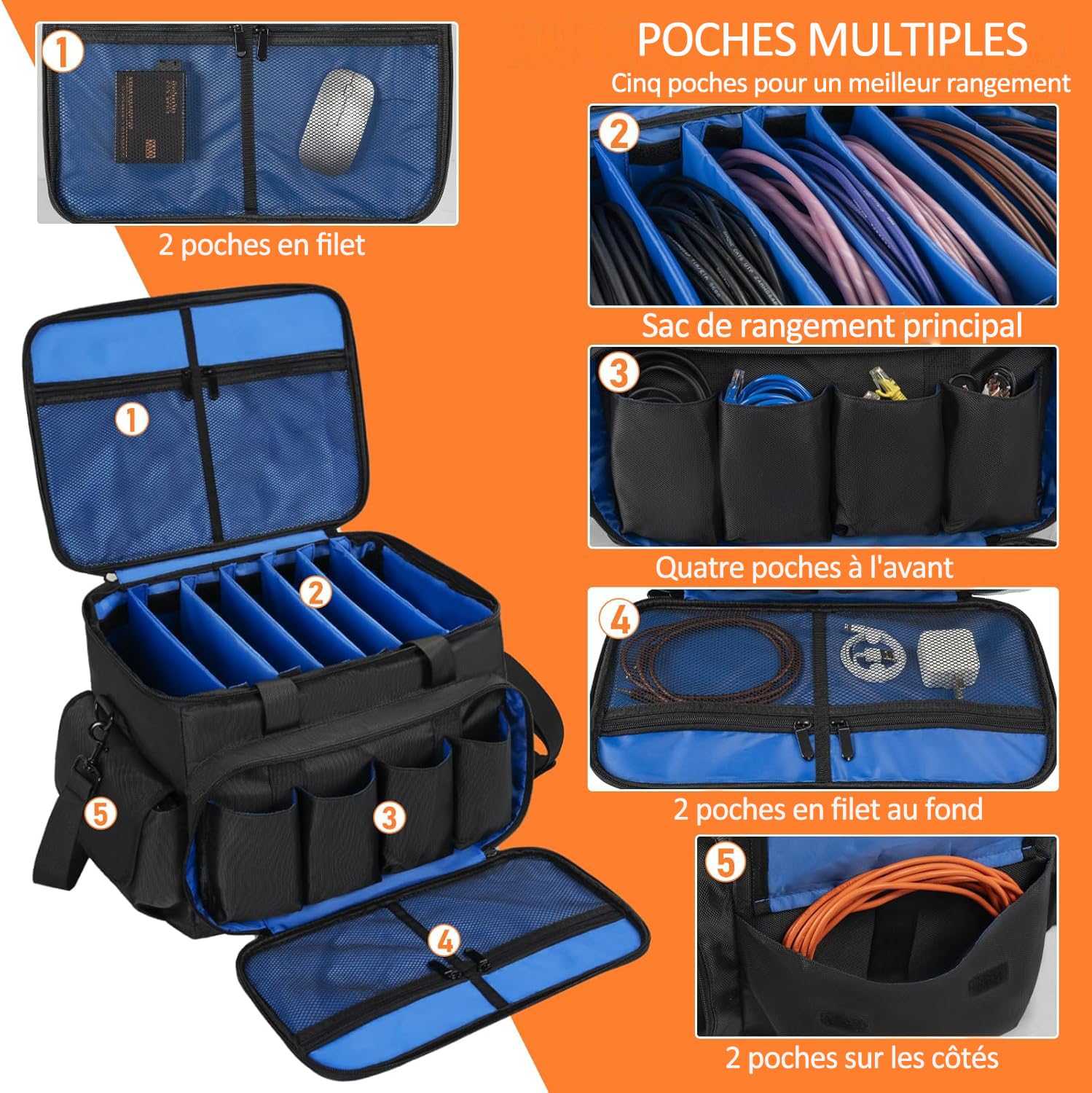 OUUTMEE Bolsa para archivos de cable de DJ, bolsa de almacenamiento de alambre de DJ, bolsa organizadora de equipos de DJ de nailon 1680D con separadores extraíbles y base acolchada, bolsa de alambre
