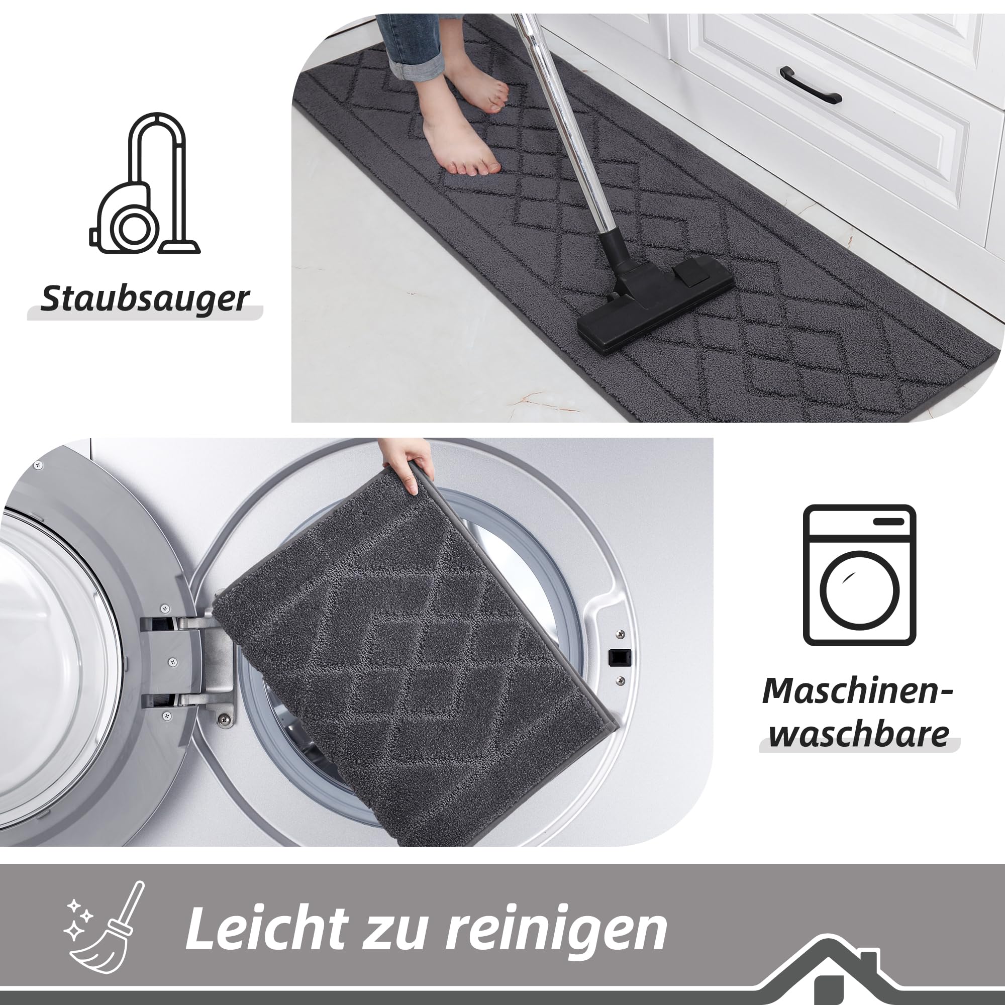 BEQHAUSE Küchenteppich 2 Stück rutschfeste, Maschinenwaschbare Küchenmatten, Saugfähige, Weiche Küchenläufer für Küche, Esszimmer, Dunkelgrau, 50X76cm+50X122cm