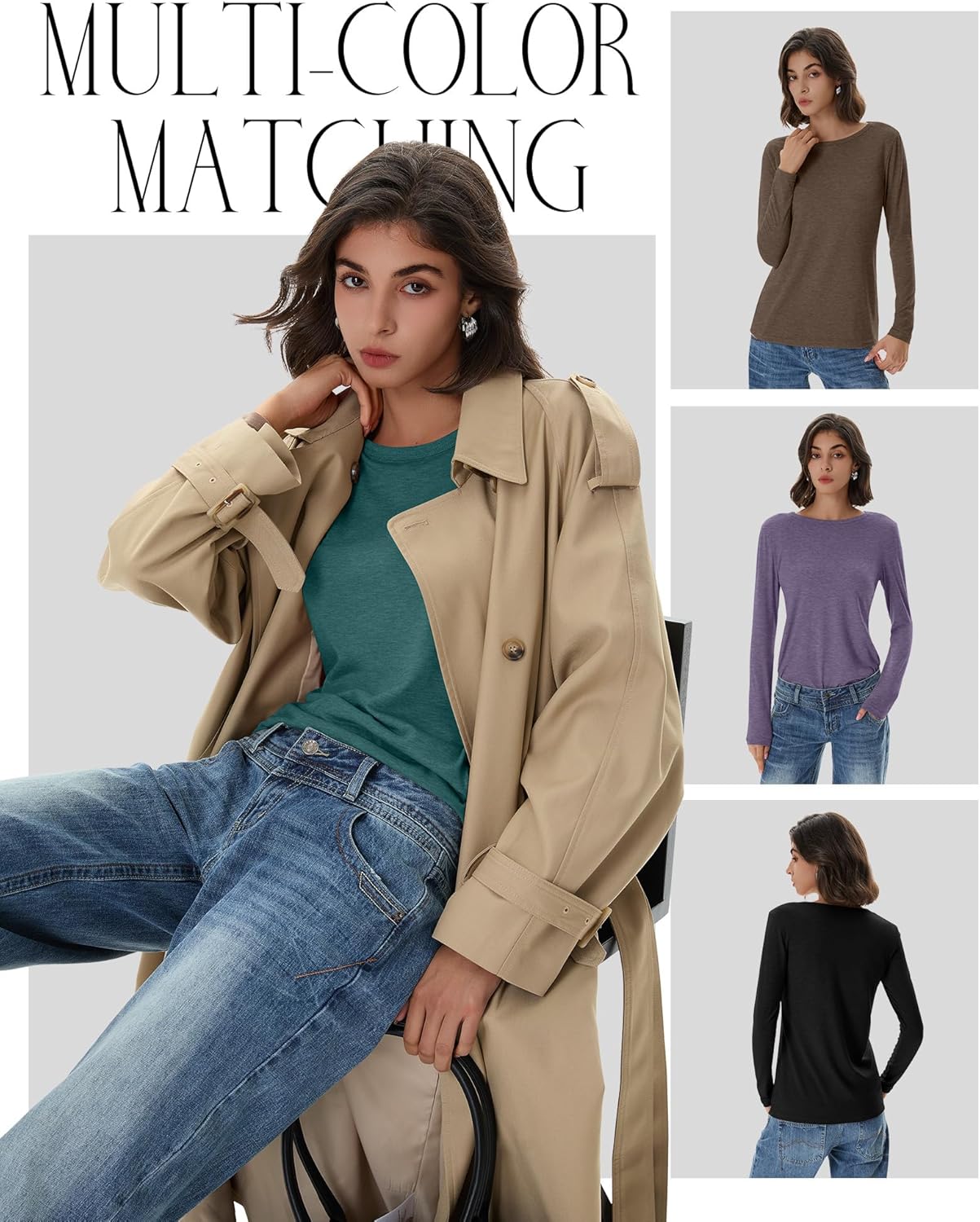 Huukeay 5 Pack Women's Crew Neck Long Sleeve Shirts, Cotton Blend Casual Clothes Workout Basic Layering Tee Tops Multipack - Image 4