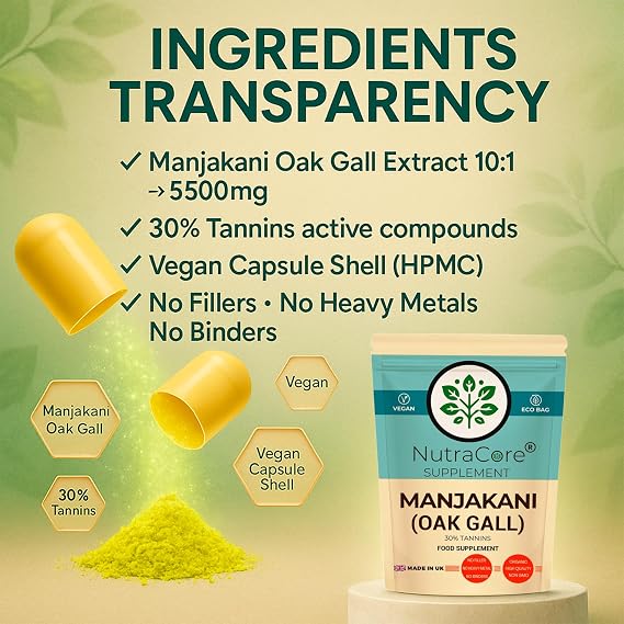 Manjakani (Oak Gall) 5500mg Capsules – 10:1 Extract, 30% Tannins – High Strength Herbal Supplement – Vegan, Non-GMO, No Fillers or Binders – UK Made by NutraCore (180 Caps)