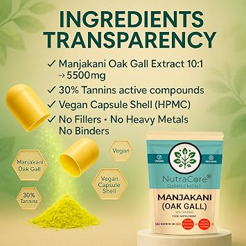 Manjakani (Oak Gall) 5500mg Capsules – 10:1 Extract, 30% Tannins – High Strength Herbal Supplement – Vegan, Non-GMO, No Fillers or Binders – UK Made by NutraCore (180 Caps)