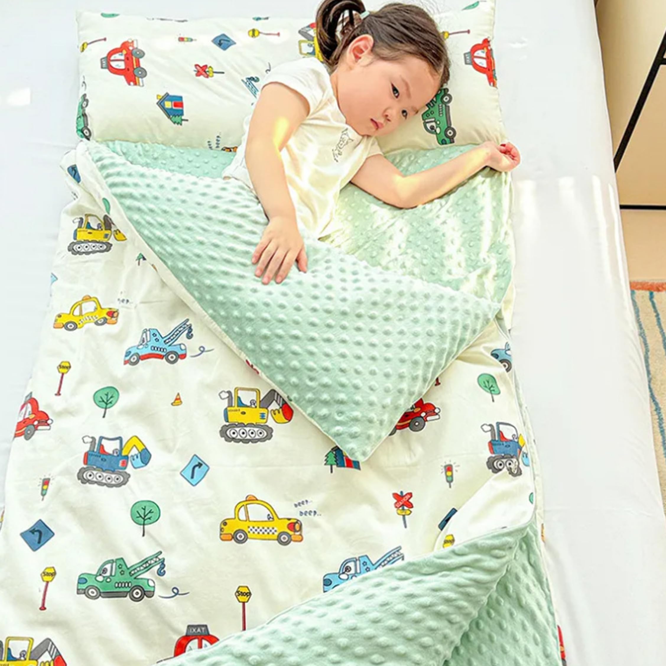 Schlafmatte für Kleinkinder mit Kissen und Decke, gerollte Schlafmatten, Schlafsäcke für Jungen und Mädchen, Kinderschlafsack für Kindertagesstätten, Vorschulreisen, Camping