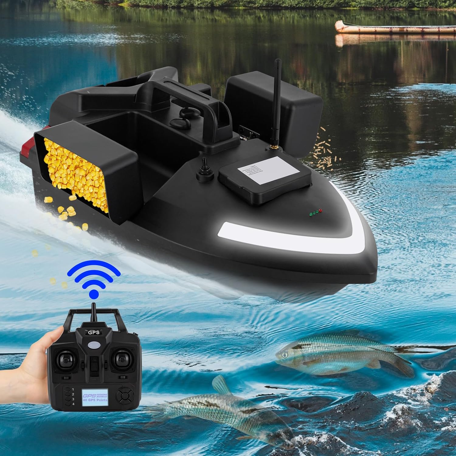 RC Bait Boat 500M Range Remote Control Fishing Boat, 3 Bait Slot 4.4LBS Loading 12000mAh Battery and Dual Motors with LED Light for Professional Fishing with GPS, 100 Points