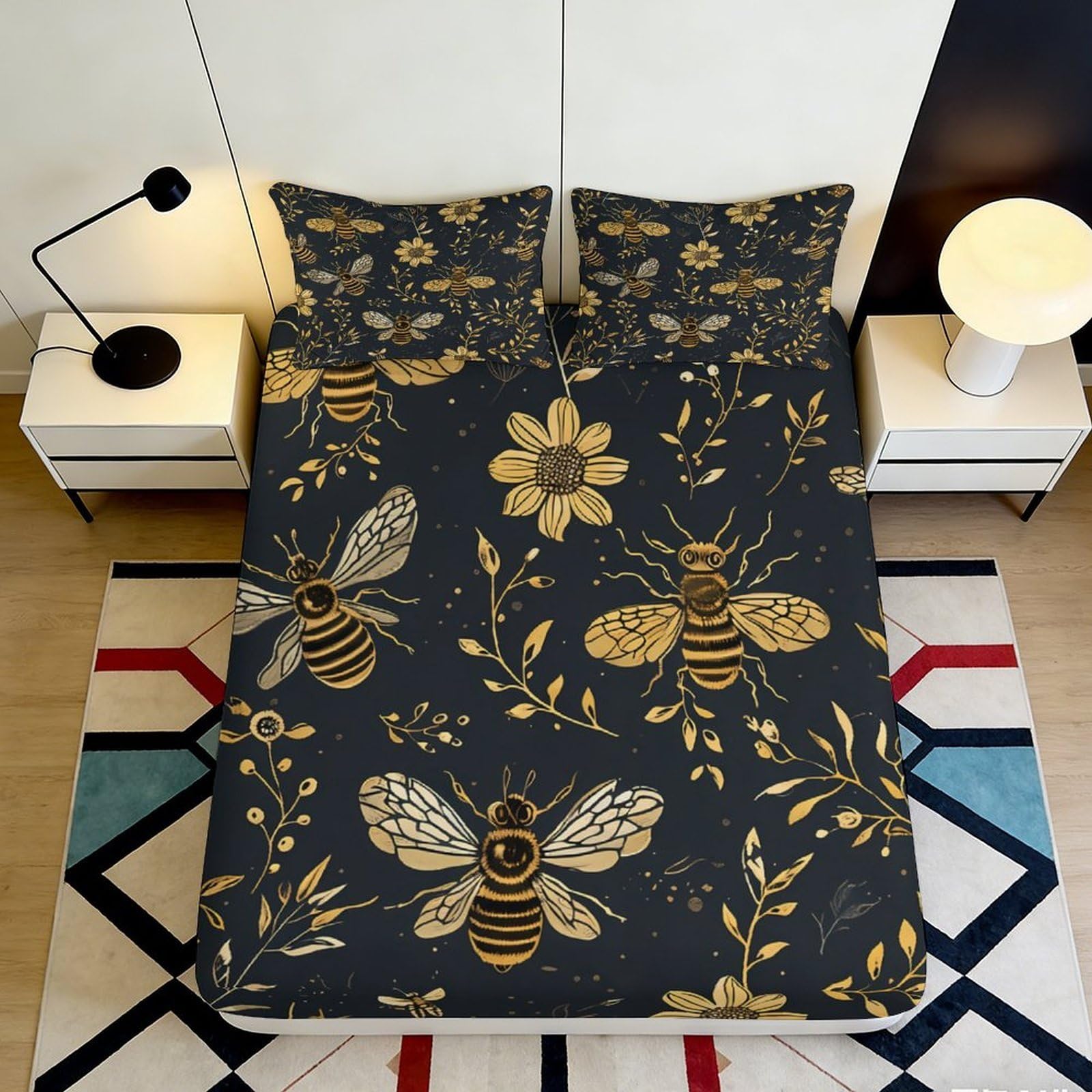 K1r3d9e5 Style-3 3D Printed Golden Bee Floral Fitted Sheet Microfiber Soft Breathable Mattress Cover For Bedroom Dorm Decor 90X200x25cm