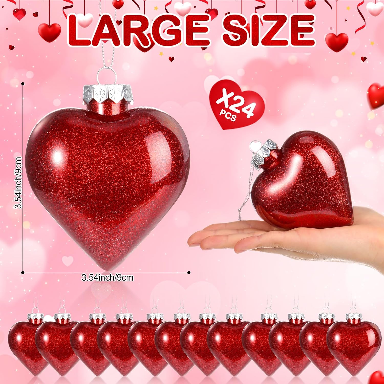 Civaner Large Valentine's Day Heart Ornaments for Valentine Decor, Glitter Heart Shaped Hanging Baubles with Pre-Strung Wire, Romantic Wedding Anniversary Party Decorations(Red,24 Pcs) image 2