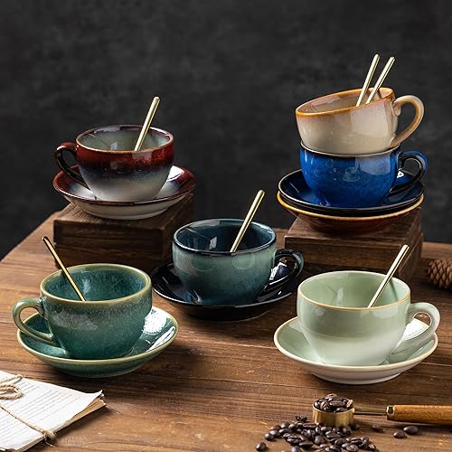 Miniatura 8 de Taza de café de porcelana con cuchara, diseño vintage de cerámica latte Art capuchino barista taza de té espresso con platillo (11.6 onzas, 11.8 fl