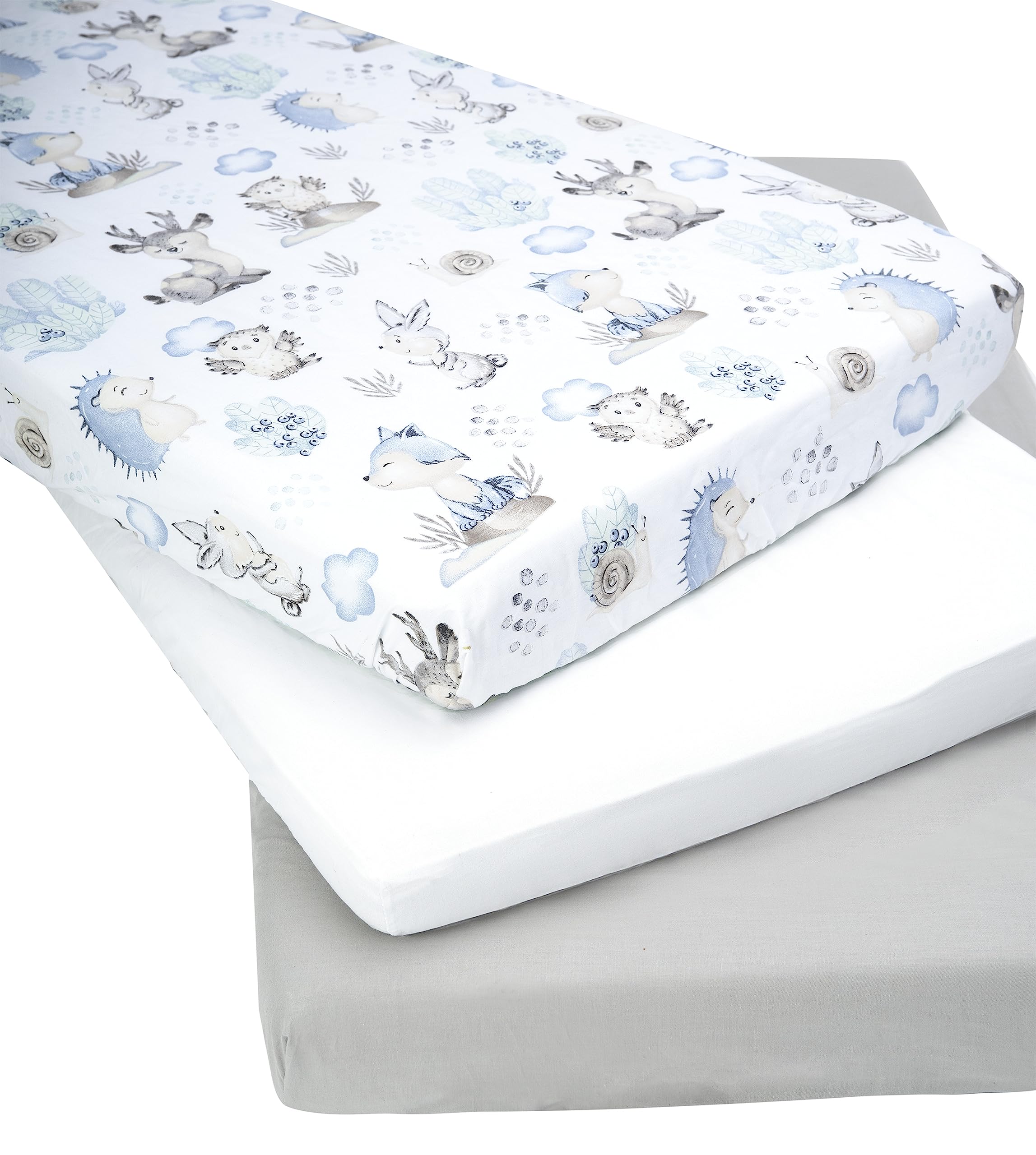 Medi Partners Set of 3 pcs. Fitted Sheet 60x120 cm 100% Cotton Baby Bed Linen Mattress Cot, Deer and Hedgehogs-white-grey, Three pack - Image 2