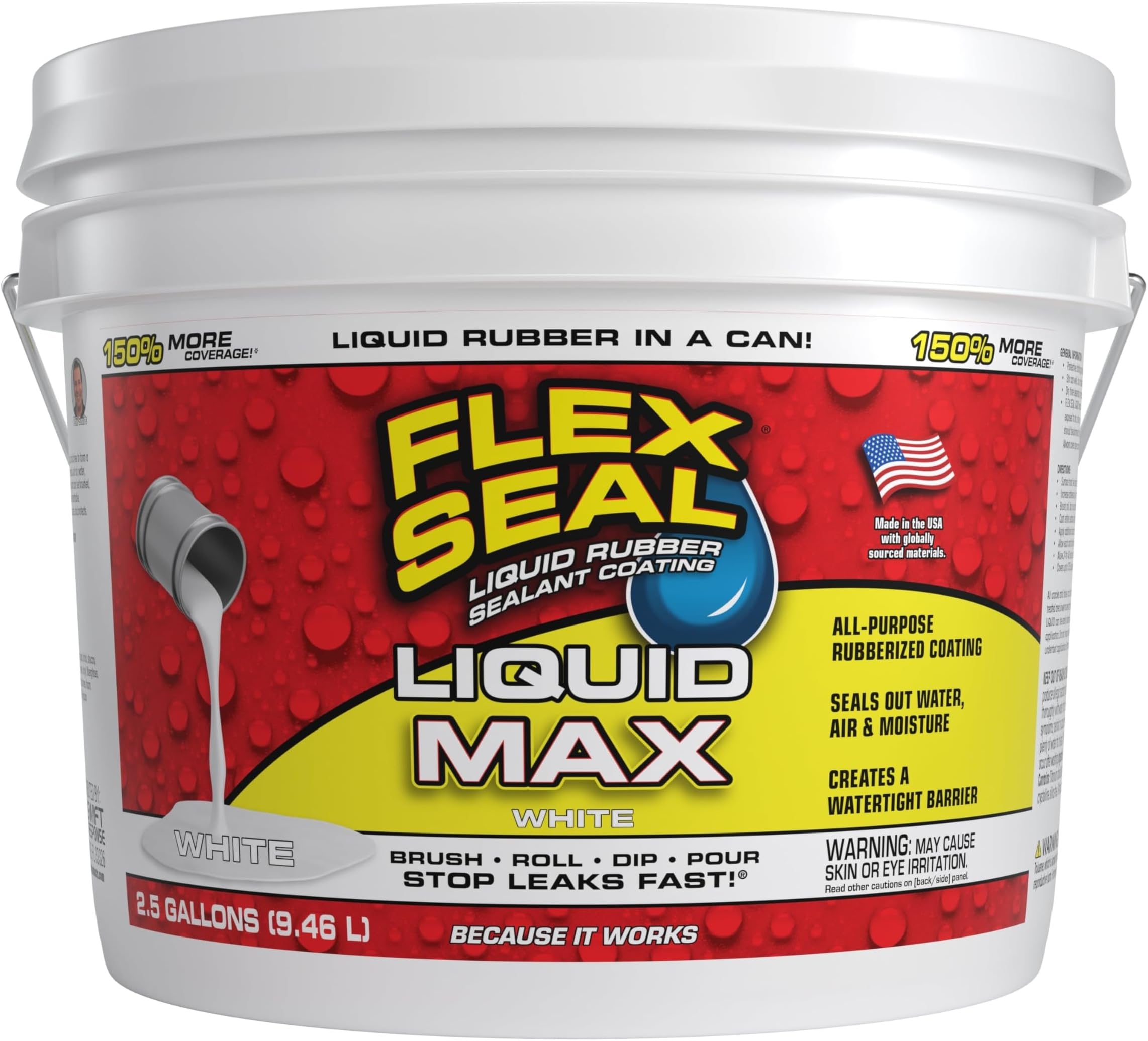 Liquid Rubber Coating Sealant, Waterproof, Flexible, Breathable, and UV Resistant, Roof Repair, Basements, RV, Campers, Trailers, Marine, EPDM, Masonry, MAX, White, 2.5 Gallon