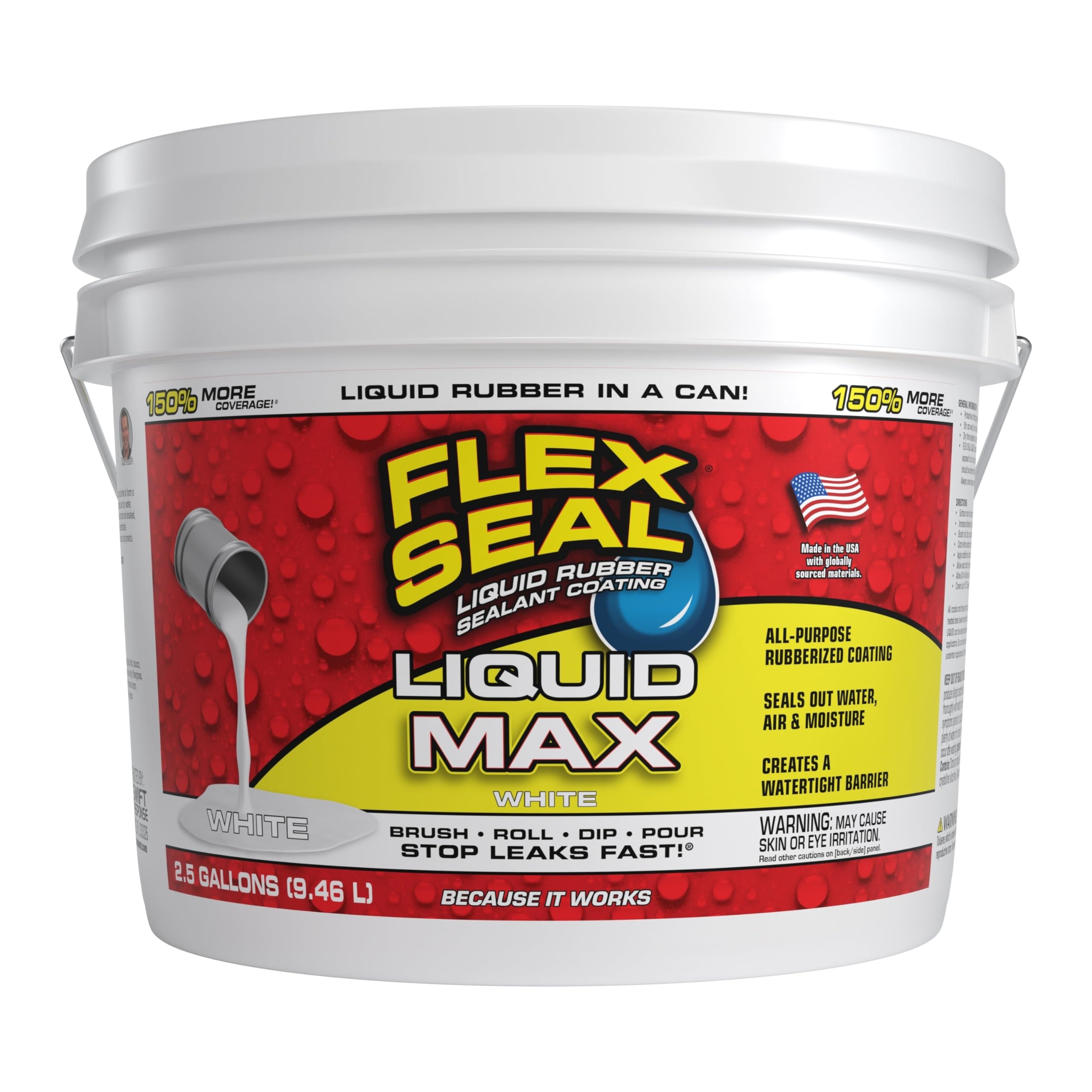 Flex Seal Liquid, Liquid Rubber Coating Sealant, Waterproof, Flexible, Breathable, and UV Resistant, Roof Repair, Basements, RV, Campers, Trailers, Marine, EPDM, Masonry, MAX, White, 2.5 Gallon