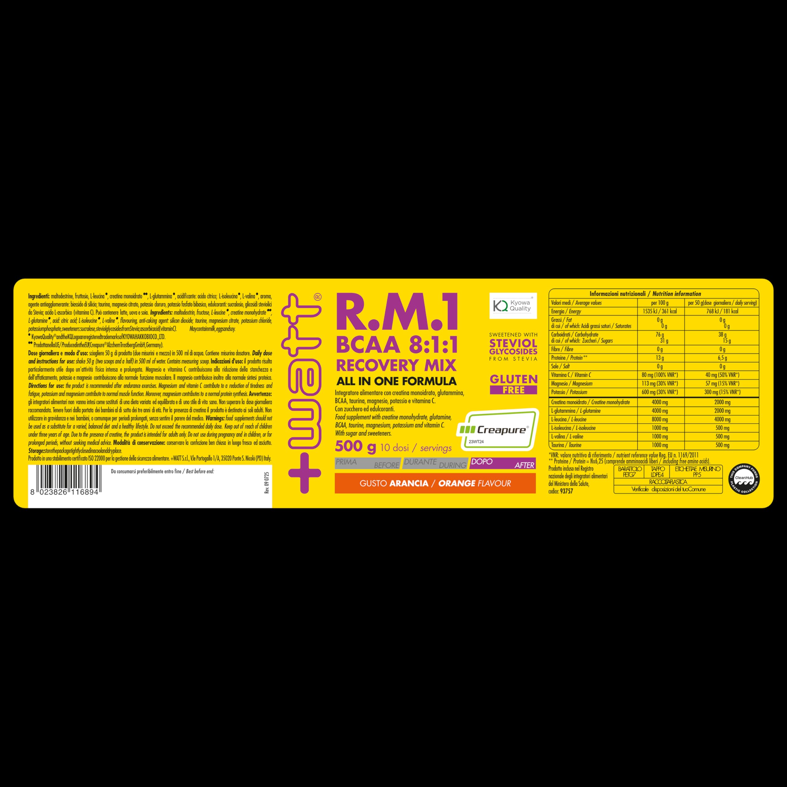 RM1 New Formula (BCAA 8.1.1) - Recovery Mix Post Workout - Formato: 500 g - Gusto Arancia