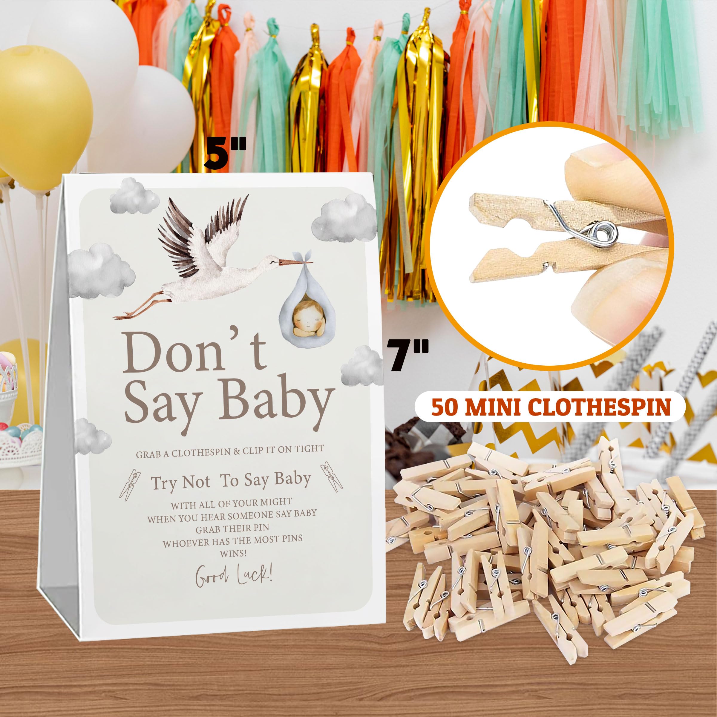 "Don't Say Baby" Baby Shower Game - Pack With Sign & 50 Clothespins, Gender Neutral