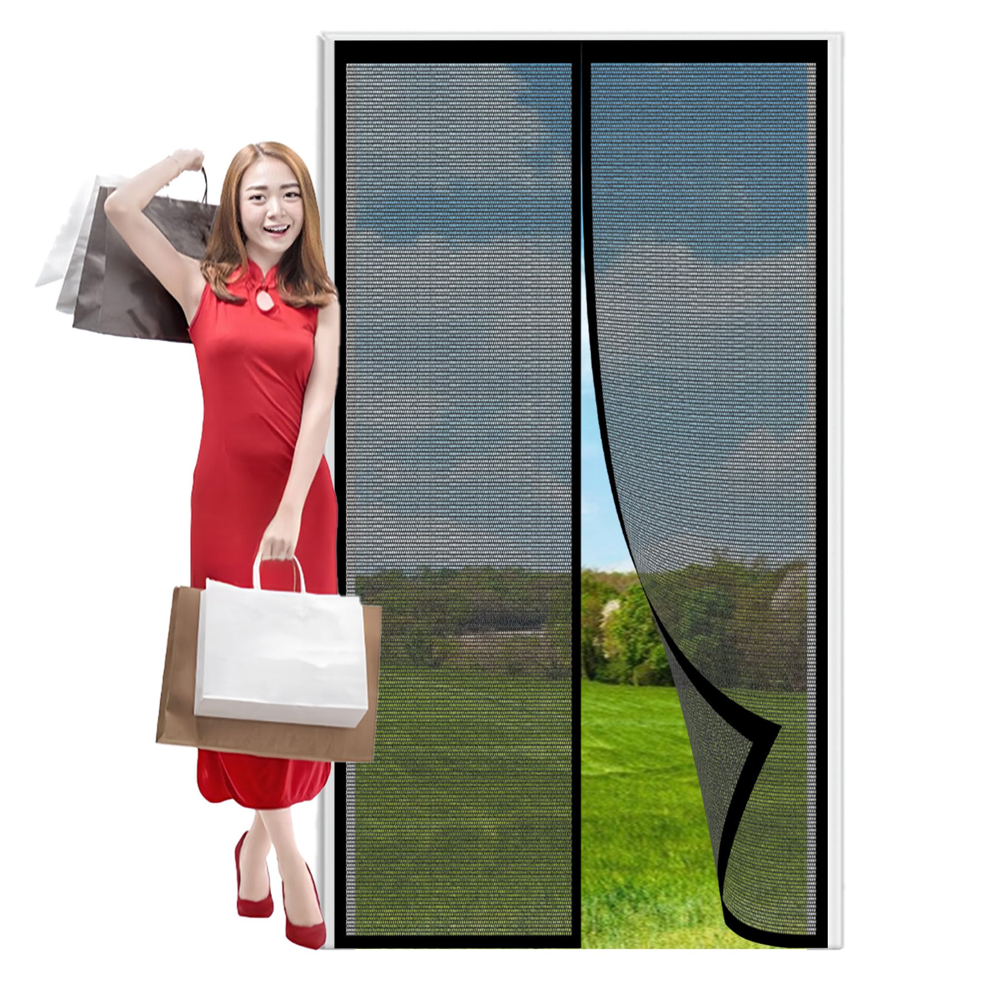 Fly Screens Doors Nets Patio Curtain 90 x 230 cm Fly Insect Screen Door Screen Mesh Curtain No Drilling Enhanced Mesh for Dogs Cats Mosquitos, Black