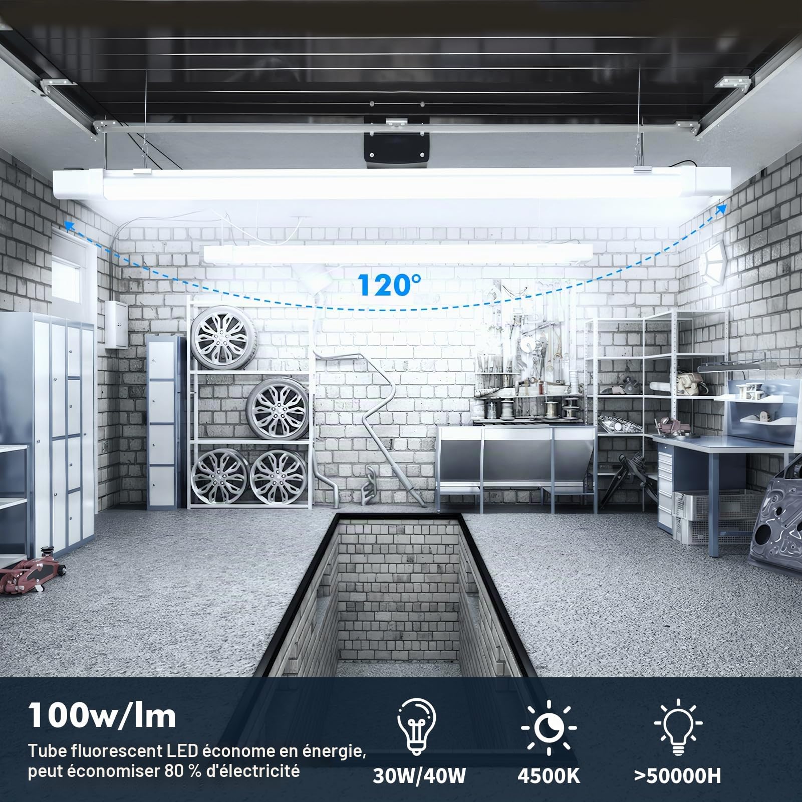 Viugreum Lot de 4 Réglette LED 120cm Connectable, IP66 Étanche 40W 4000LM Neutre Blanc 4500K, LED Lampe Fluorescente avec Chaîne Suspendue, Néon Led Garage Plafonnier pour Salle de Bain, Bureau