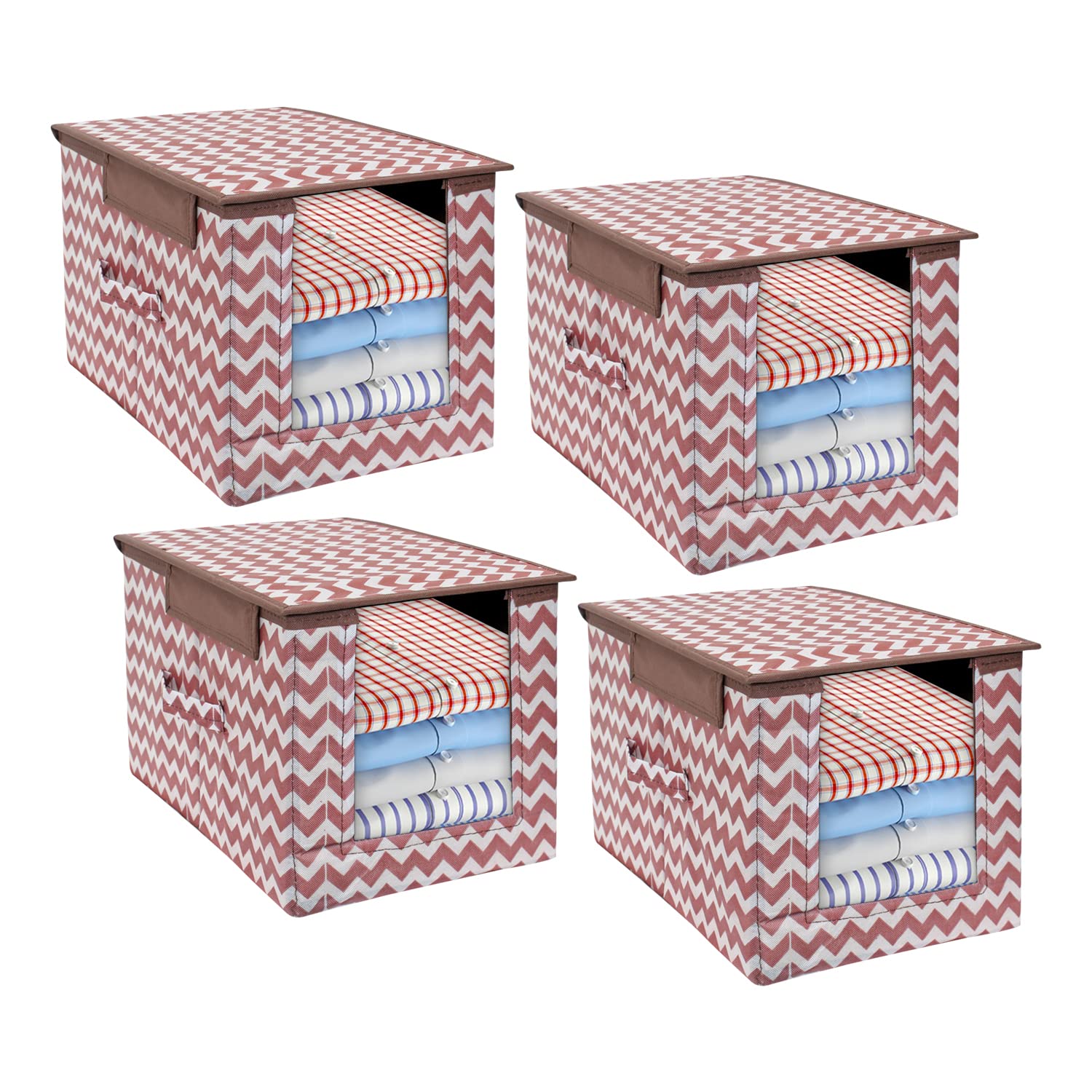 PrettyKrafts 4 Pcs Non Woven Premium Shirt Stacker with Lid & Carrying Handle| Foldable Stackable Closet Wardrobe Cupboard Multipurpose Cloth Toy Storage Organizer (Brown, 25x38x25 cm)