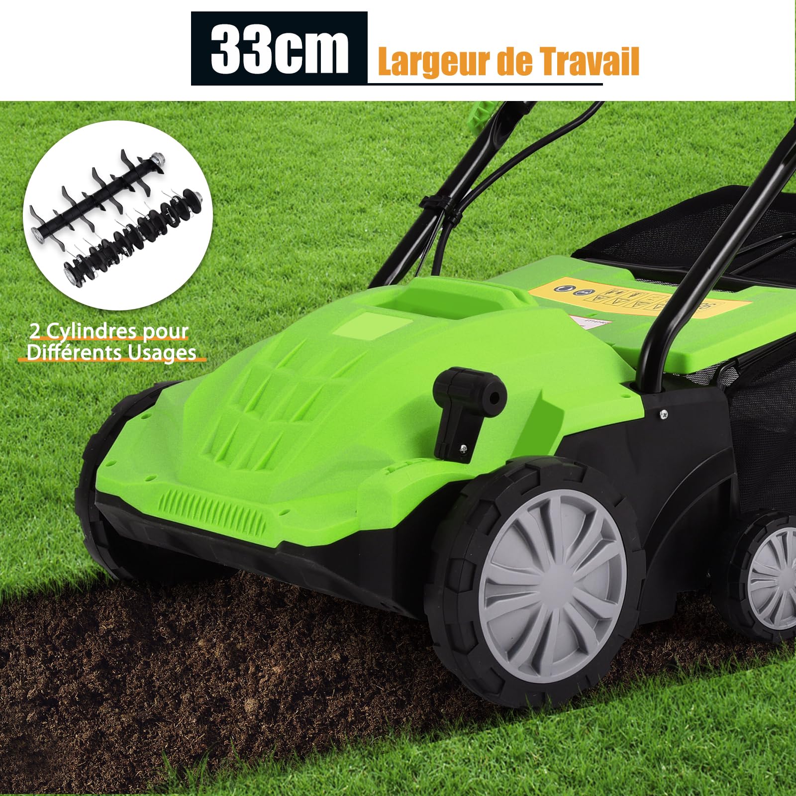 GOPLUS Scarificateur Électrique 2 en 1 avec 30LSac de Collecte, Aérateur de Pelouse avec Hauteur Réglable à 4 Niveaux, Poignée Pliable pour Un Rangement Facile(Vert)