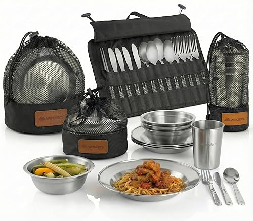 Wealers - Juego completo de vajilla viajera de acero inoxidable pulido, vajilla para campamento o para bufet. Incluye vasos, platos, tazones,
