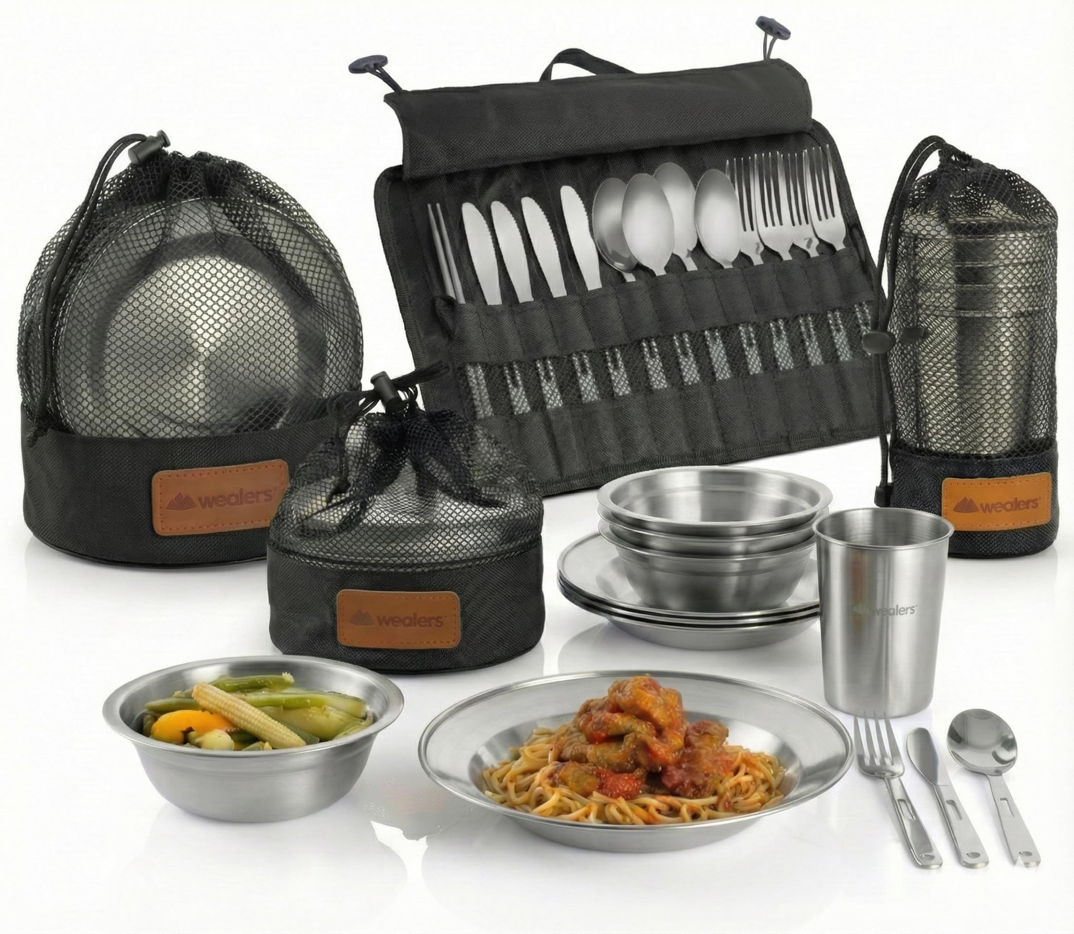 Wealers Unique Complete Messware Kit Polished Stainless Steel Dishes Set| Tableware| Dinnerware| Camping| Buffet| Includes - Cups | Plates| Bowls| Cutlery| Comes in Mesh Bags (4 Person Set)