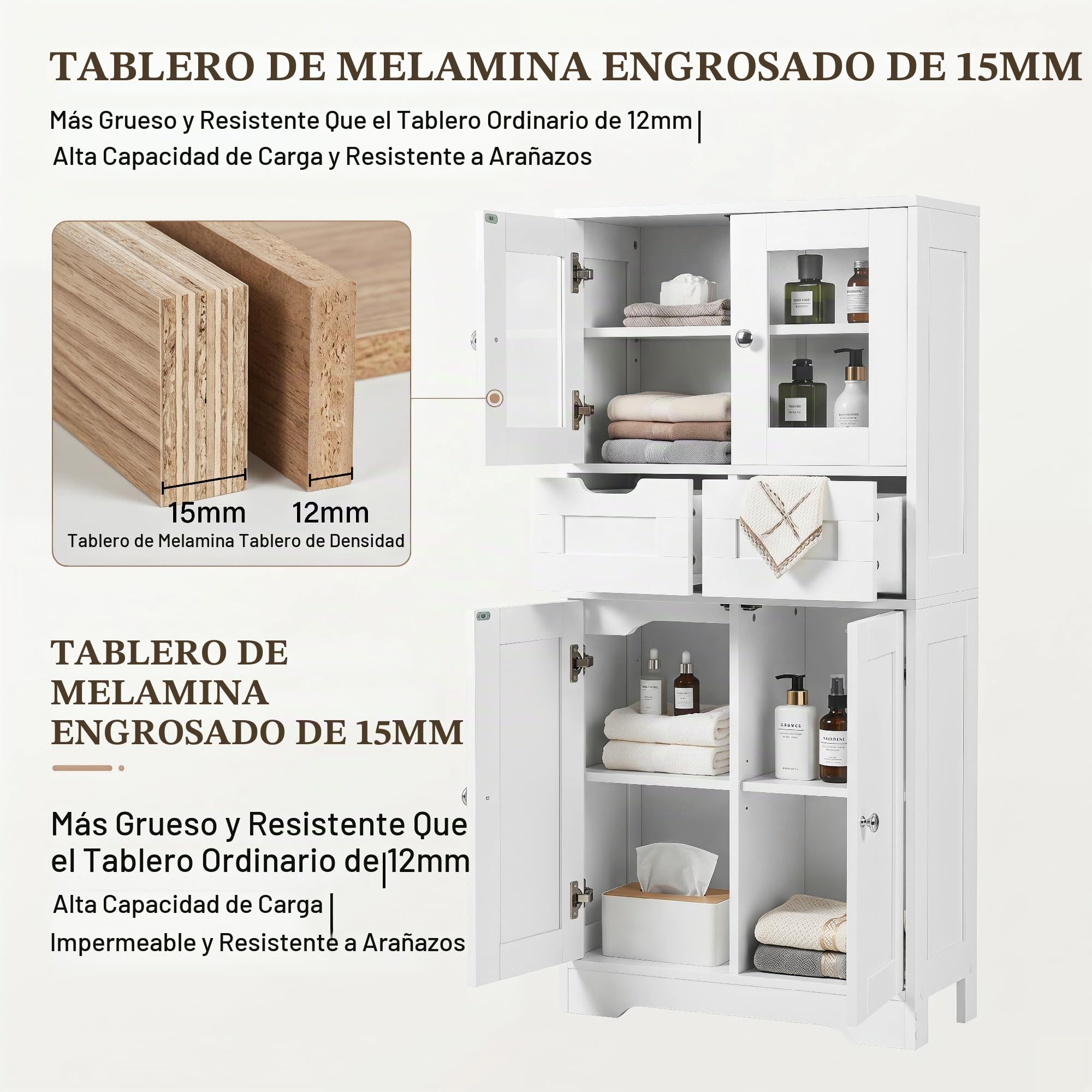 Armario Alto de Almacenamiento, Mueble de Baño, Baldas Ajustables, Panel de Partículas Melamínico Doble Cara de 15mm, Mueble Multiusos para Baño, Pasillo y Lavandería(Blanco, 60x30x128cm)