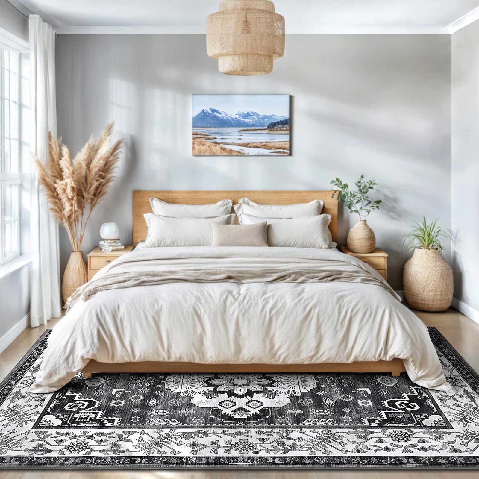 Enyhom Boho Großer Teppich, 160 x 230cm rutschfest Waschbar Bodenteppich Vintage Hochwertiger Weich Wohnzimmerteppich Robuste Kurzflor Flächenteppiche für Schlafzimmer Küche Esszimmer, Dunkelgrau