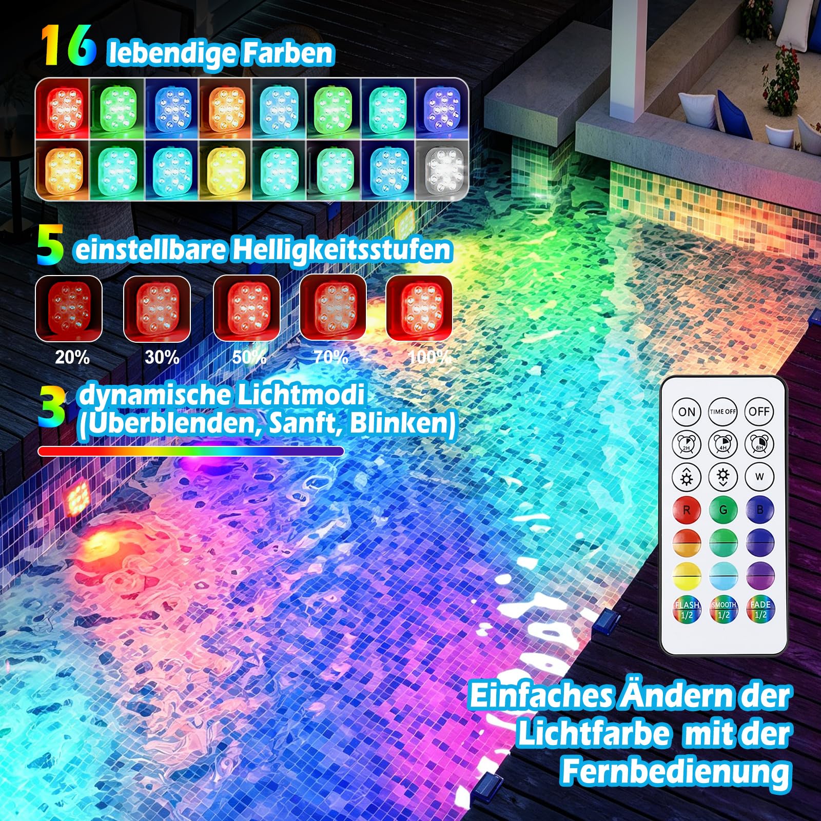 Poolbeleuchtung Unterwasser LED Licht mit Fernbedienung, RGB Farbwechsel Wiederaufladbare Pool Beleuchtung, IP68 Wasserdichte Pool Lampe für Schwimmbad Whirlpoolb Teich Party Garten, 2 Stück