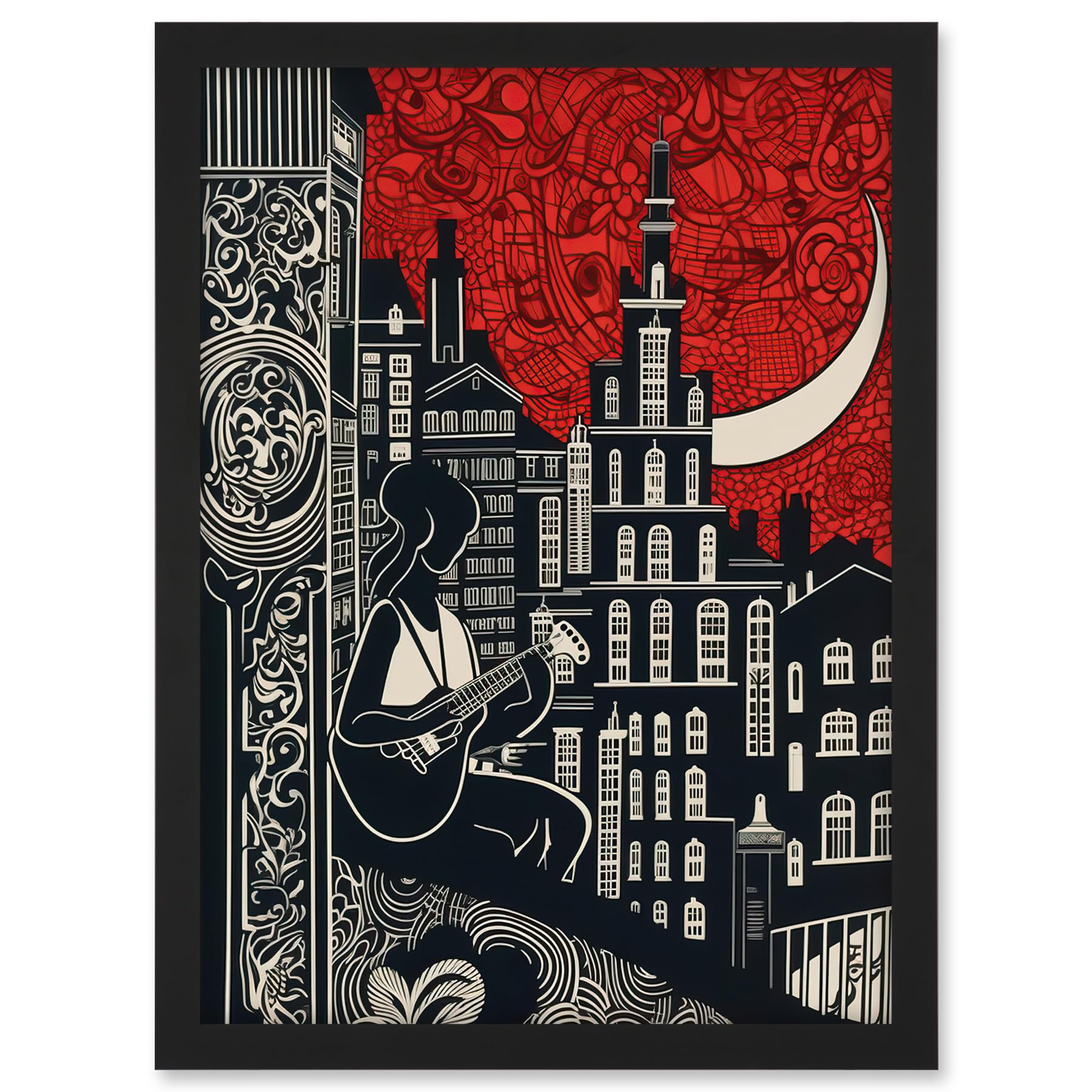 Artery8 Street Musician Guitarist in Edinburgh Cityscape Artwork Framed A3 Wall Art Print