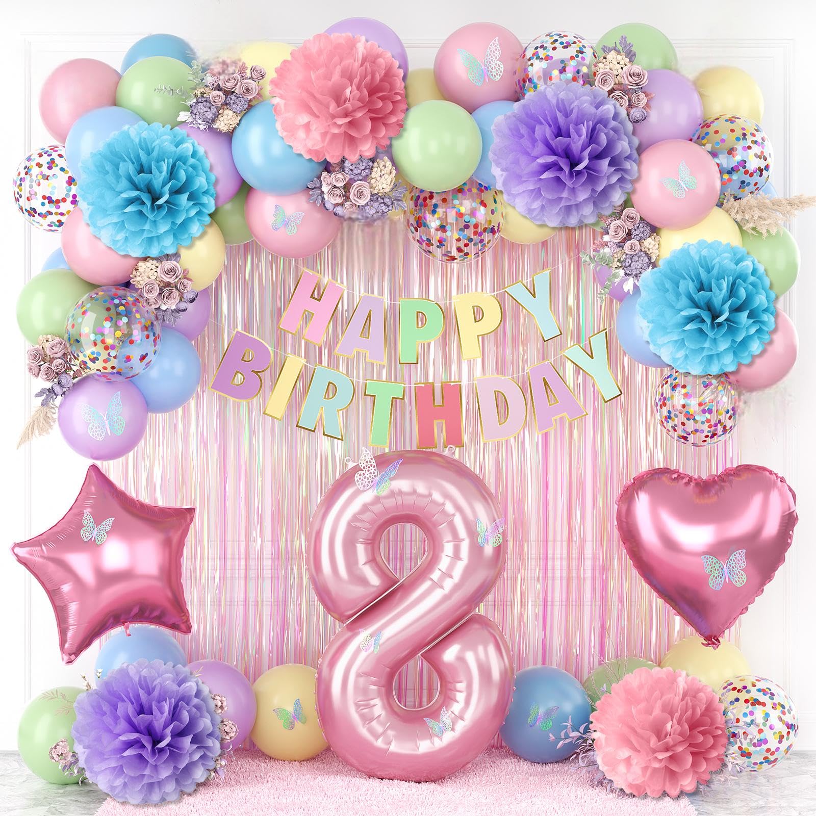 Pastel 8th Birthday Colorful Party Decorations Girls Pink Number 8 Balloon