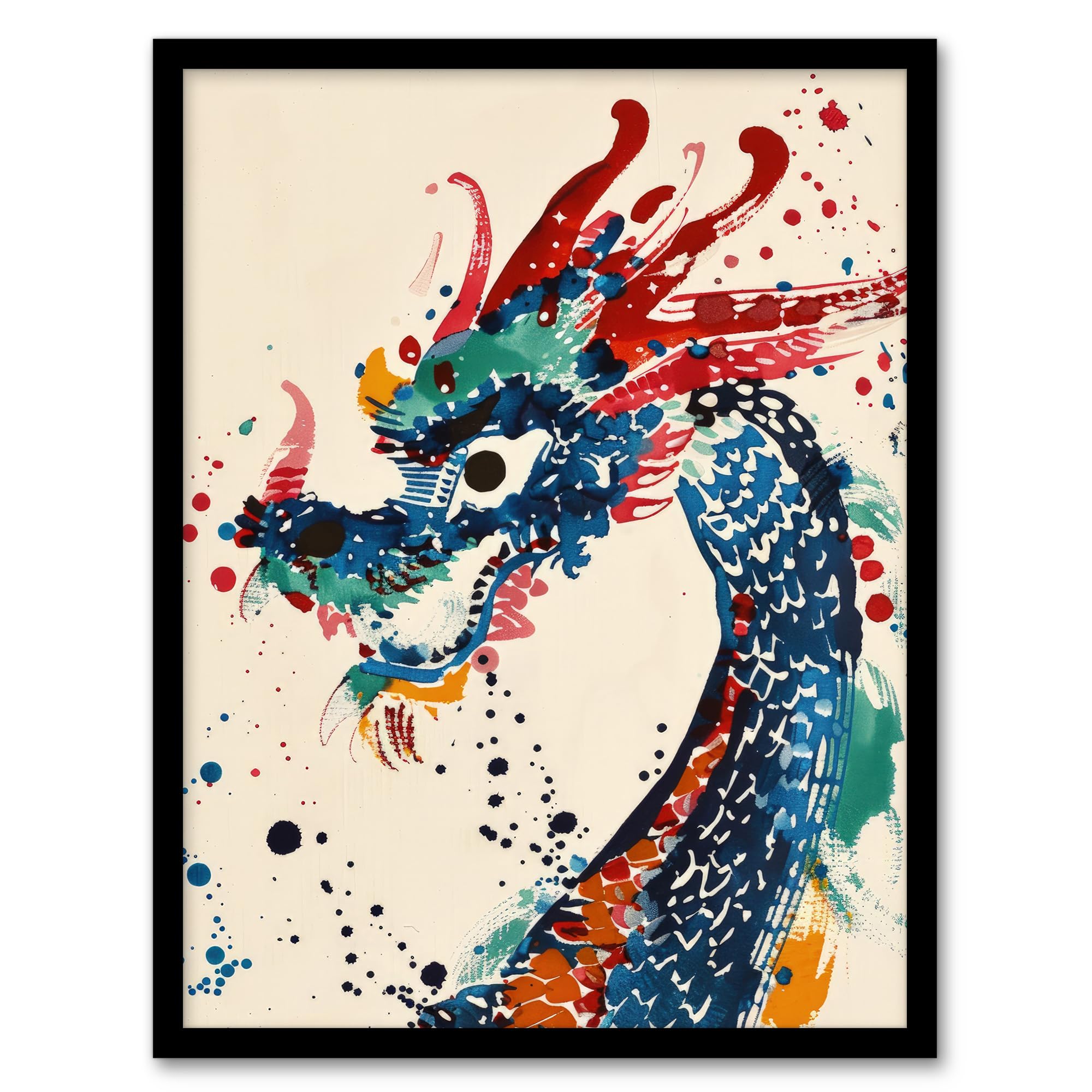 Artery8 Colourful Chinese Dragon Watercolour Paint Splat For Living Room Artwork Framed Wall Art Print A4