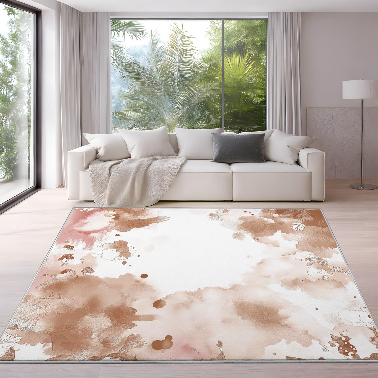 Genérico Alfombras Lavables 80 x 150 cm, Tinta China Libro ilustrado Infantil Alfombra Flores Nubes Suave Espacio Negativo, Alfombras de Pelo Corto Infantil Estilo Chino, Marrón Claro