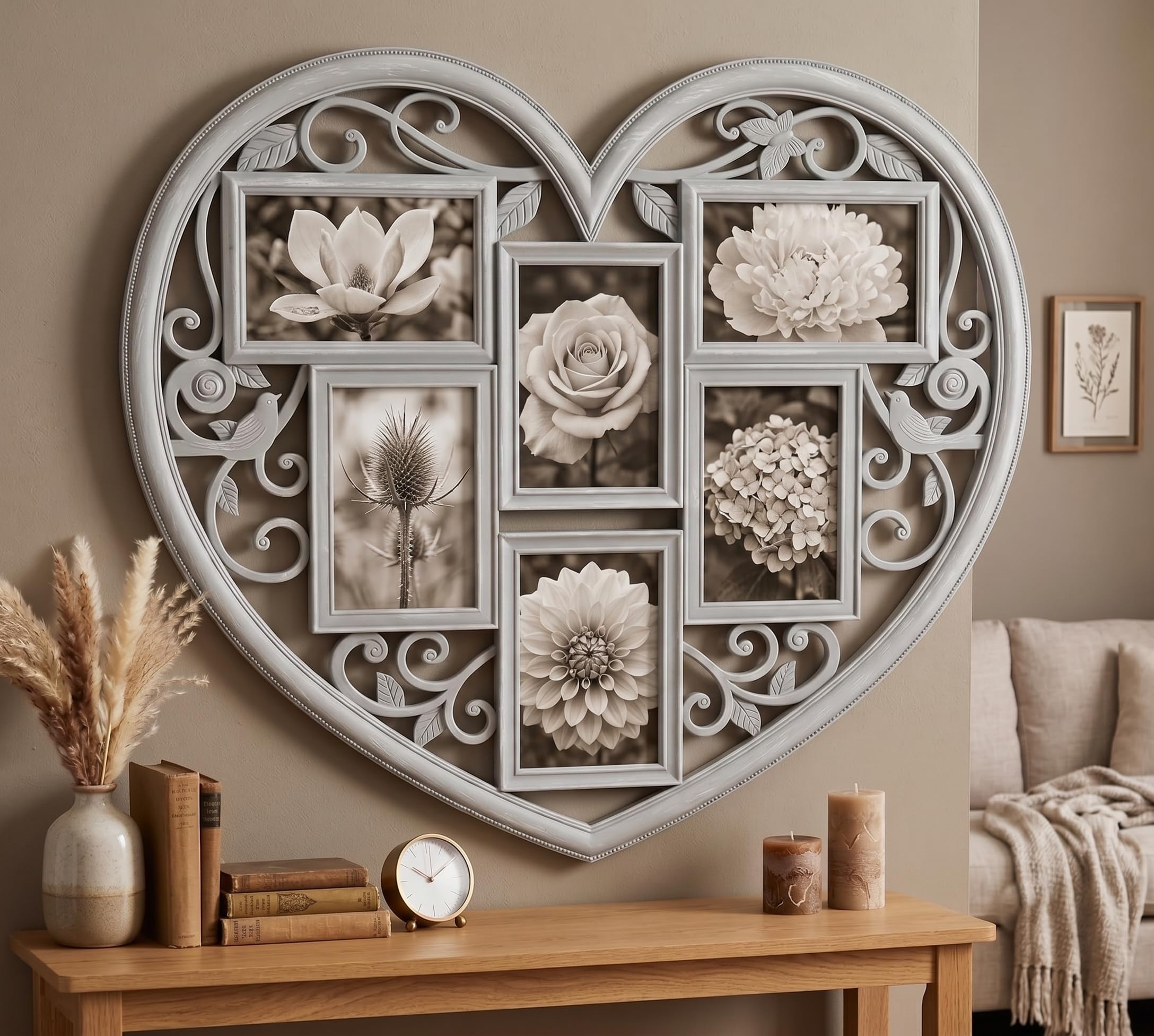 Biznest Distressed Heart-Shaped 6 Multi Aperture Collage Wall Mounted Photo Frame Shabby Chic Plastic Vintage Home Decor Display 58x52.5x1.7Cm (GREY BRUSHED WHITE)