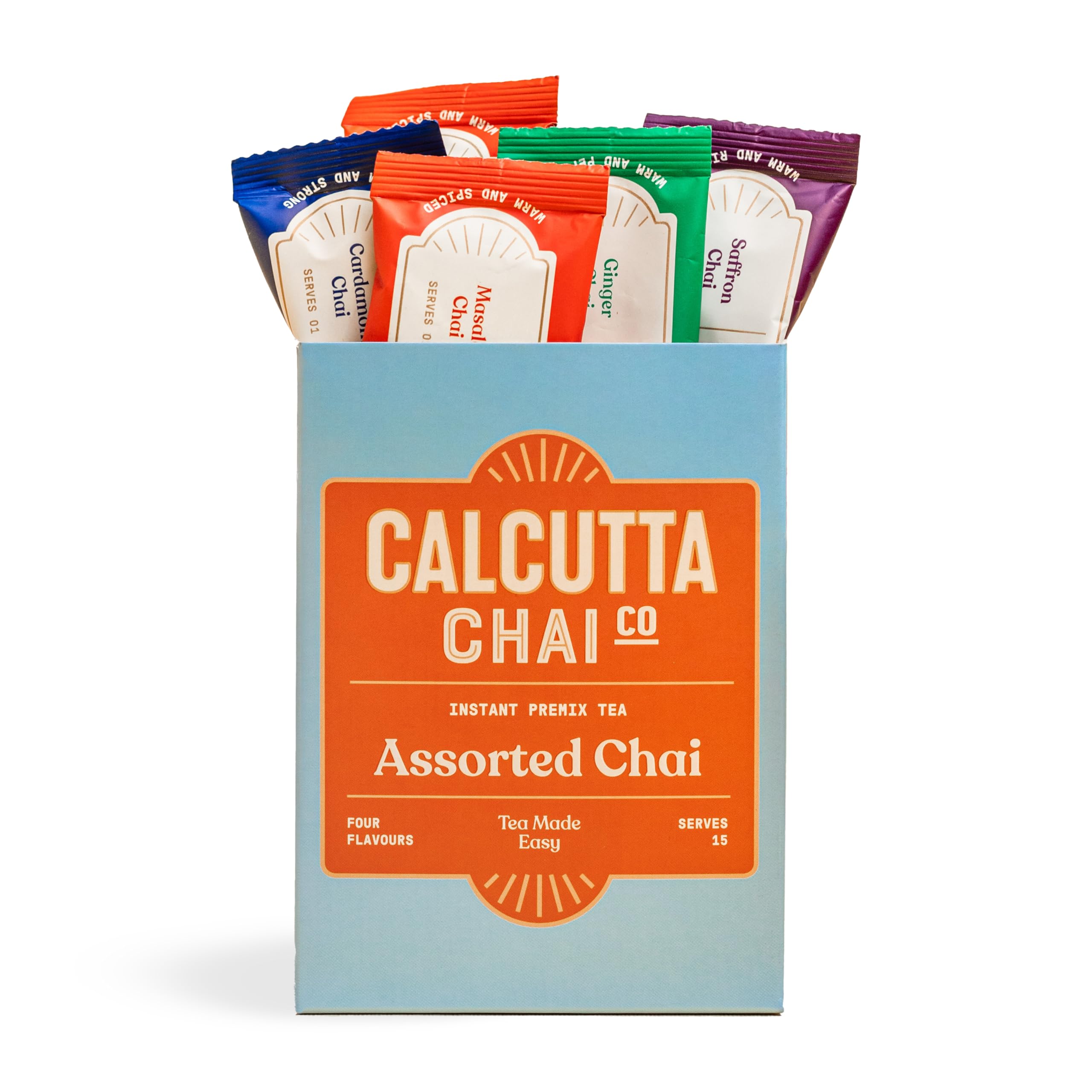 Calcutta Chai Co - Assorted Chai|Instant Tea Premix|Pack Of 15|Ginger-Cardamom-Masala-Saffron- Unsweetened Masala Chai|Made With Assam|100% Natural Spices Added|15 Cups,250 Gram
