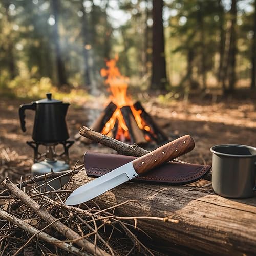 Miniatura 6 de SZCO Full Tang Hunting Knife 8 Inch - Classic Patch Camping Knife with Burlwood Handle, Stainless Steel Blade & Sheath - Brown Pocket Knife for
