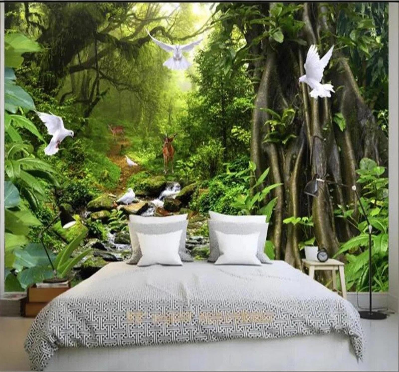 Xlming 430Cm×300Cm(B×H) Three Dimensional Green Forest Birds Elk 3D Wallpaper Premium Textured Silk Study Dining Living Room Bedroom Sofa Tv Wall Easy Install-430Cm×300Cm