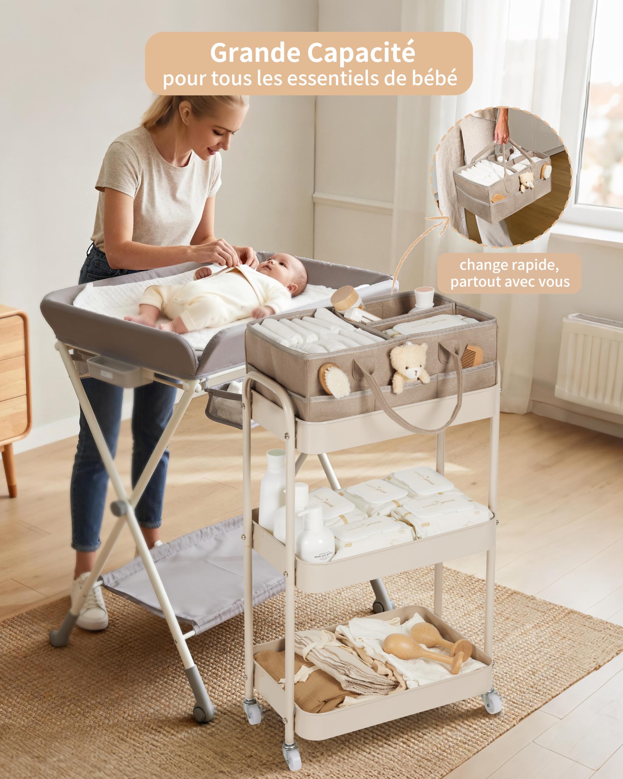 Fortella Desserte à Roulettes avec Panier Rangement Bébé, Chariot de Rangement 3 Niveaux, Sac a Langer Bebe Portable, Rangement Table a Langer Bebe, Organisateur Cuisine Chambre, Salle de Bain(Marron)