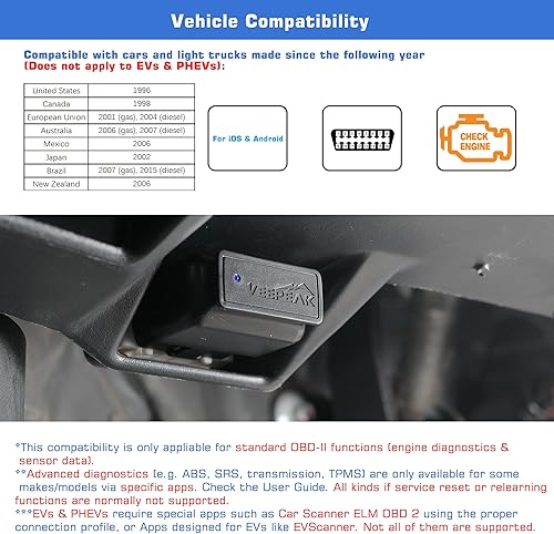 Miniatura 4 de Veepeak OBDCheck OBD2 - Escáner Bluetooth OBD II para iOS y Android, Bluetooth 4.0, lector de códigos de luz para auto, compatible con las