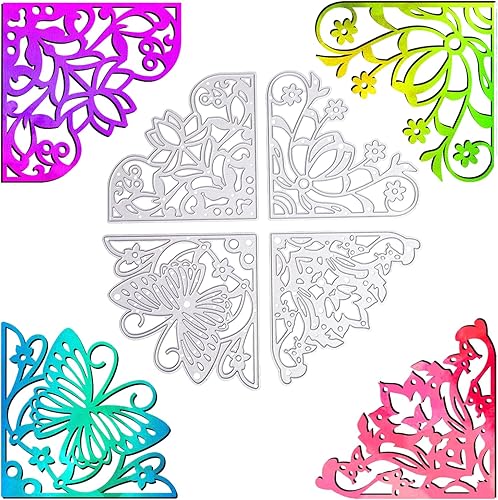 GLOBLELAND 4 troqueles de encaje de esquina de metal con diseño de lirio del valle, mariposa, loto, flores, plantillas de corte de bolsillo para