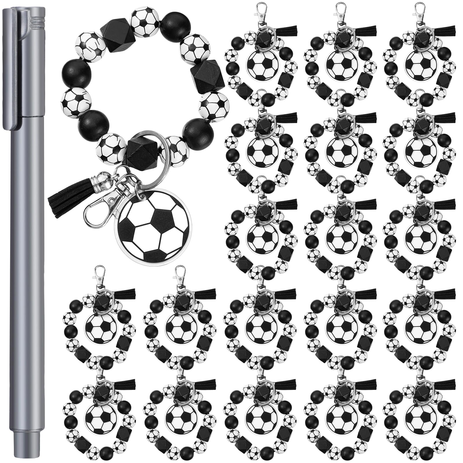 Siifert 20 Pcs Soccer Keychain Team Gifts Wood Bead Sports Charm Wristlet Bracelets Soccer Mom Accessories for Coach Homecoming Gift