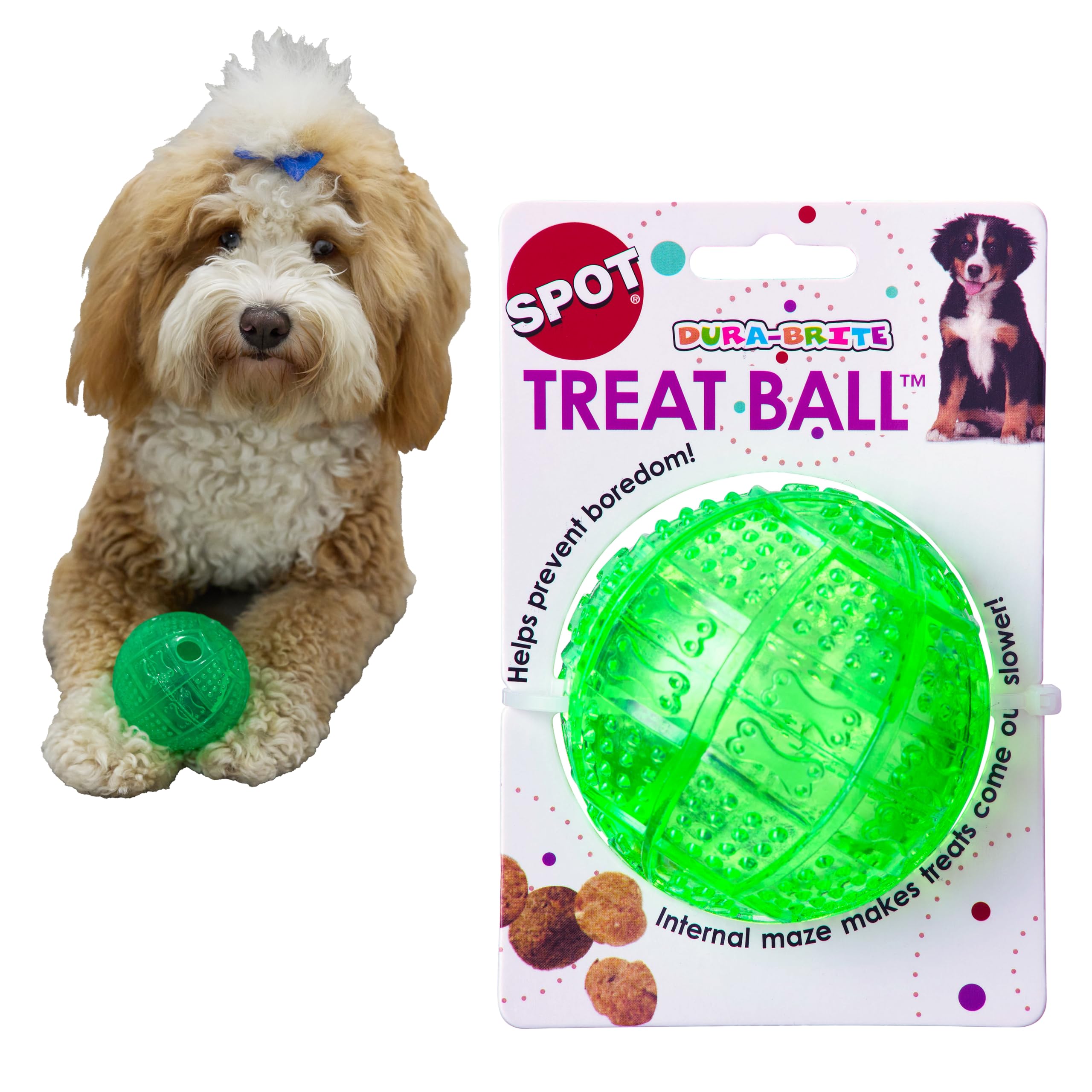 SPOT Dura-Brite Treat Ball - Treat Dispensing Dog Toy Made with Durable TPR Rubber Interactive Slow Feeder Puzzle