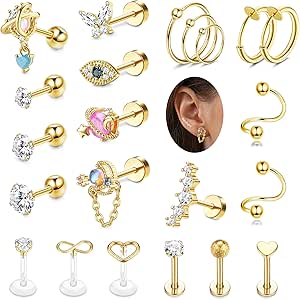 MILACOLATO 12Pcs 16G Cartilage Earrings For Women Men Stainless Steel Stud Earrings Set Tragus Helix Earrings Small Snake Moon Butterfly Ear Screwback Flat Back Stud Earrings Conch Piercing Jewellery
