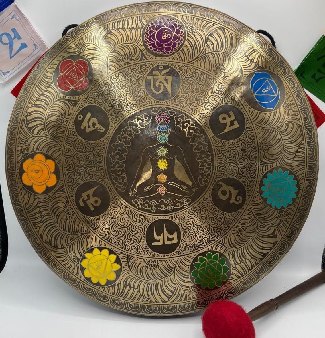 Gong tibetano de los siete chakras con Om Mane Padme Hum Manta grabado – Gong curativo hecho a mano – Campana de pie con vibración de sonido profundo para yoga, curación