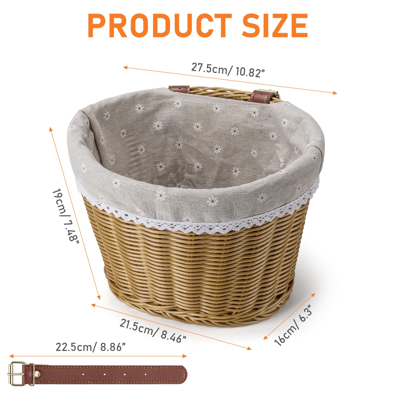 CXWXC Panier de vélo – Panier avant de vélo pour filles et femmes – Paniers de vélo en osier tissé à la main avec doublure amovible, sangles réglables en polyuréthane