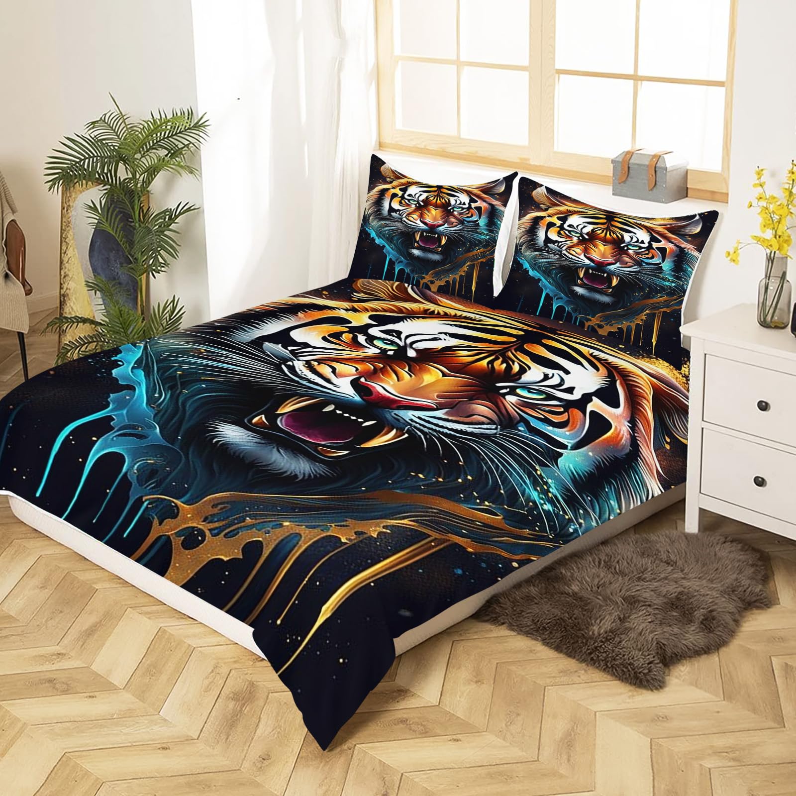 Fgolphd Majestic Tiger Bedding Set for Adults Teens -Vibrant Tiger Print Duvet Cover Set with ，Trendy Bedroom Decor for Wildlife Lovers Super King