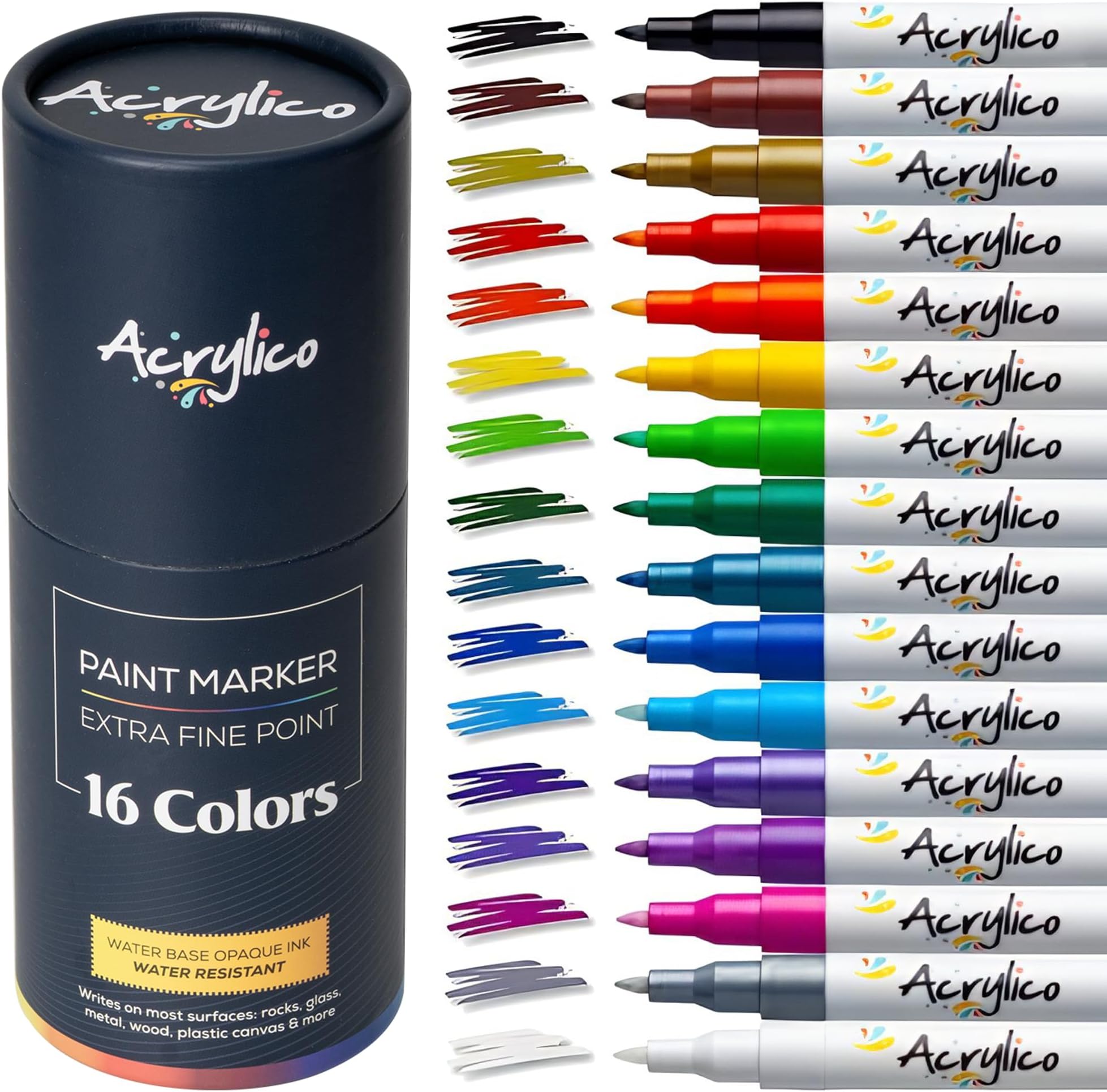 - Acrylic Paint Markers Set of 16 Paint Pens – Fine Tip for Fabric, Rock, Metal, Ceramic, Adult Coloring & Art Projects – Art Supplies for Kids & Adults
