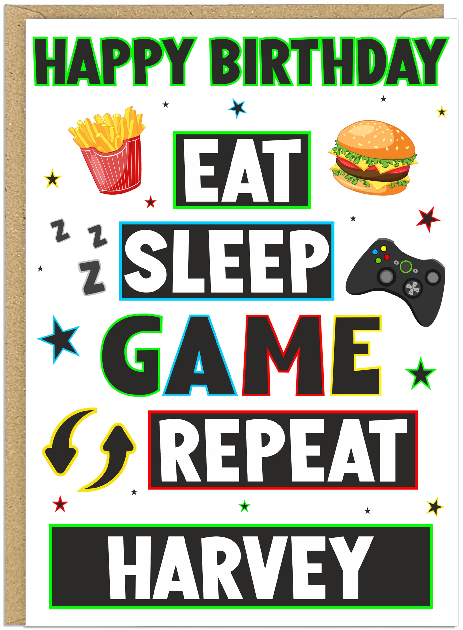 Boys Gaming Happy Birthday Cards with Personalised Name - Level Up Game Over Born to Play Controller Themes A5 Card for Kids Sons, Friends 7 Exciting Gaming Designs (Eat Sleep Game Green)