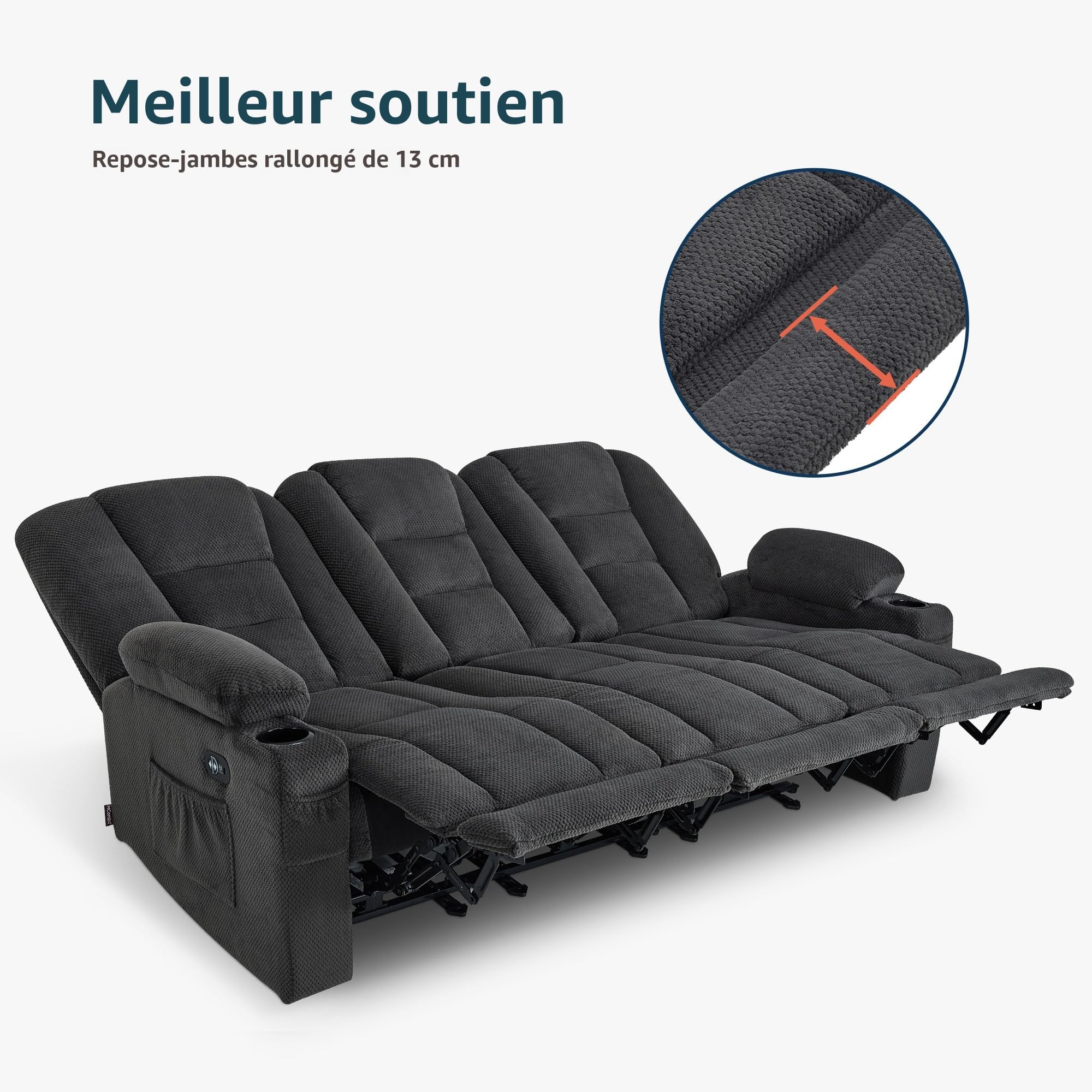 M MCombo Canapé électrique 3 Places avec Fonction Sommeil, canapé Relax 3 Places avec Bouton réglable à 150°, Chaise de cinéma avec Fonction inclinable, USB & Porte-gobelet, 7009 (Gris)