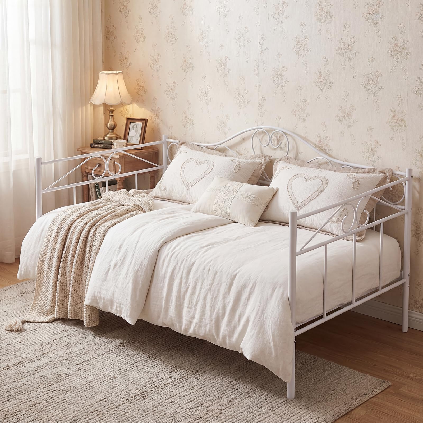 Panana Twin Size Luxury Metal Daybed Sofa Bed Platform with Headboard For Bedroom Living Room (White, StyleB-Daybed)